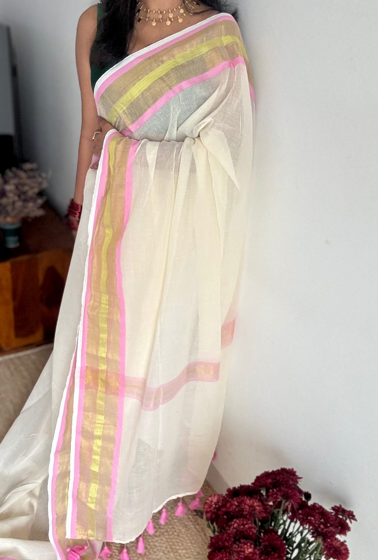 Ivory with pink and bright gold zari border, mul cotton - YCON25BCM51
