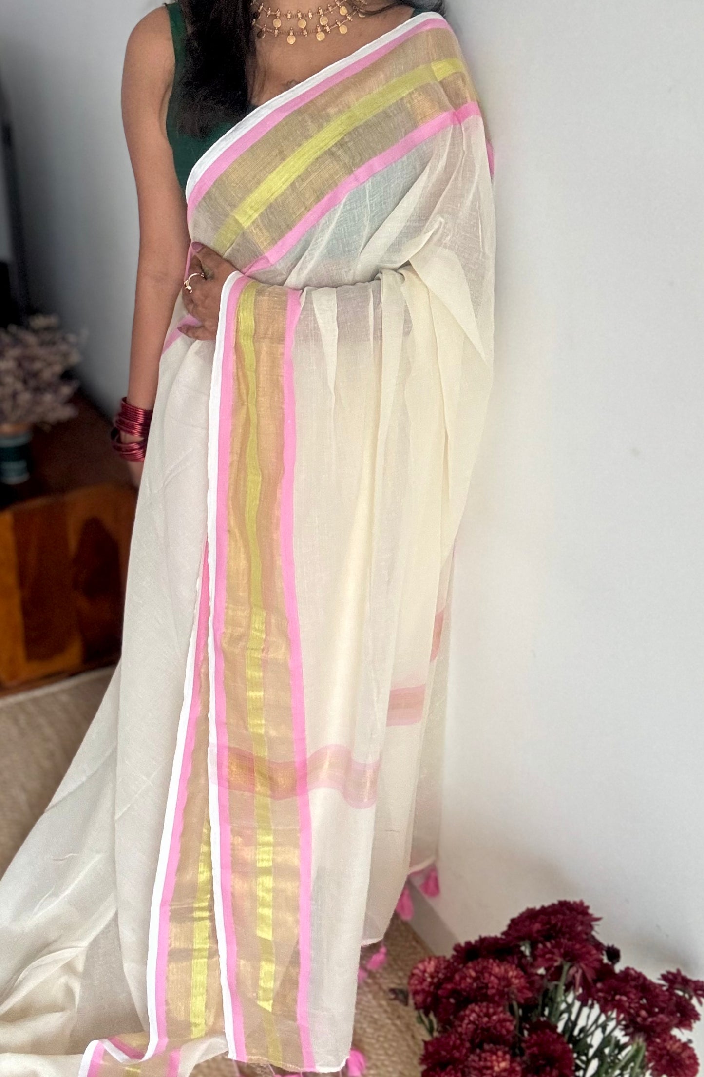 Ivory with pink and bright gold zari border, mul cotton - YCON25BCM51