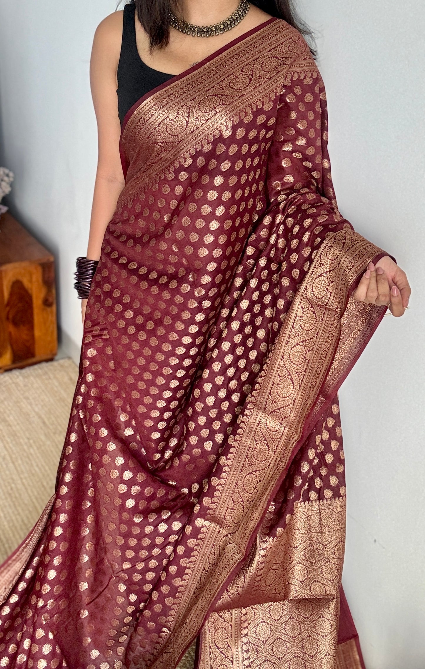 Tamalika - Coffee brown antique gold, Banarasi semi georgette