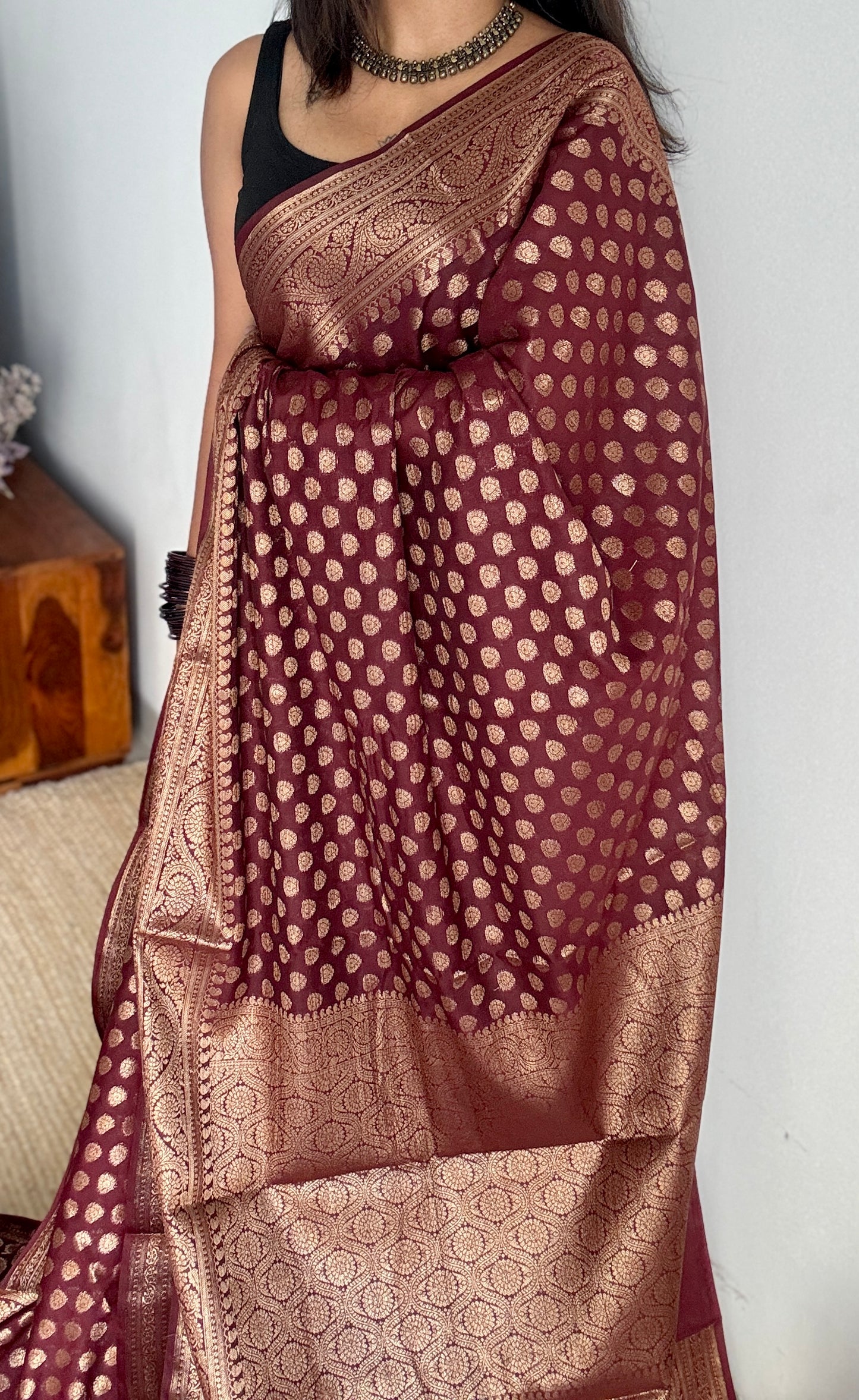 Tamalika - Coffee brown antique gold, Banarasi semi georgette