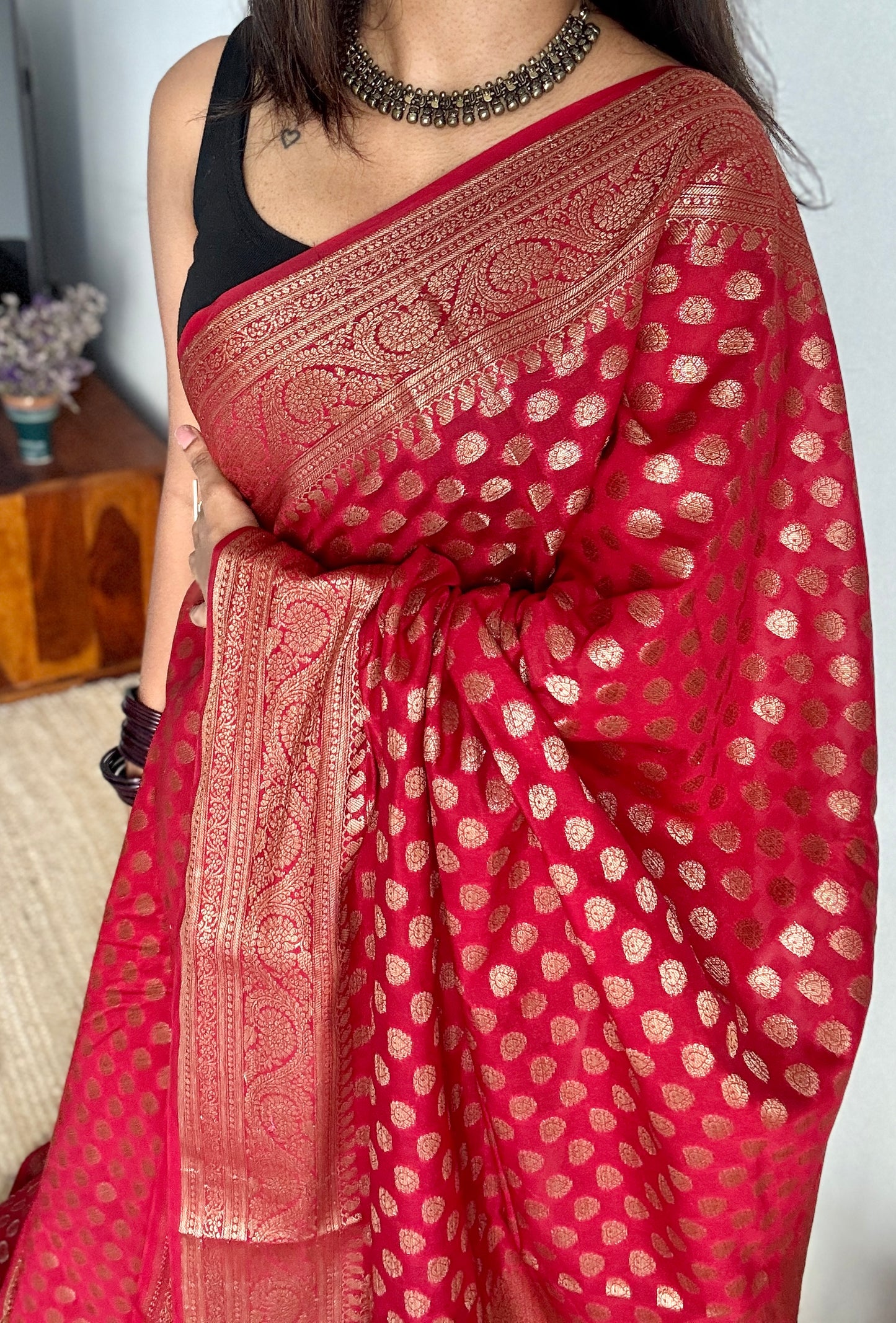 Sindura - Dark red antique gold, Banarasi semi georgette