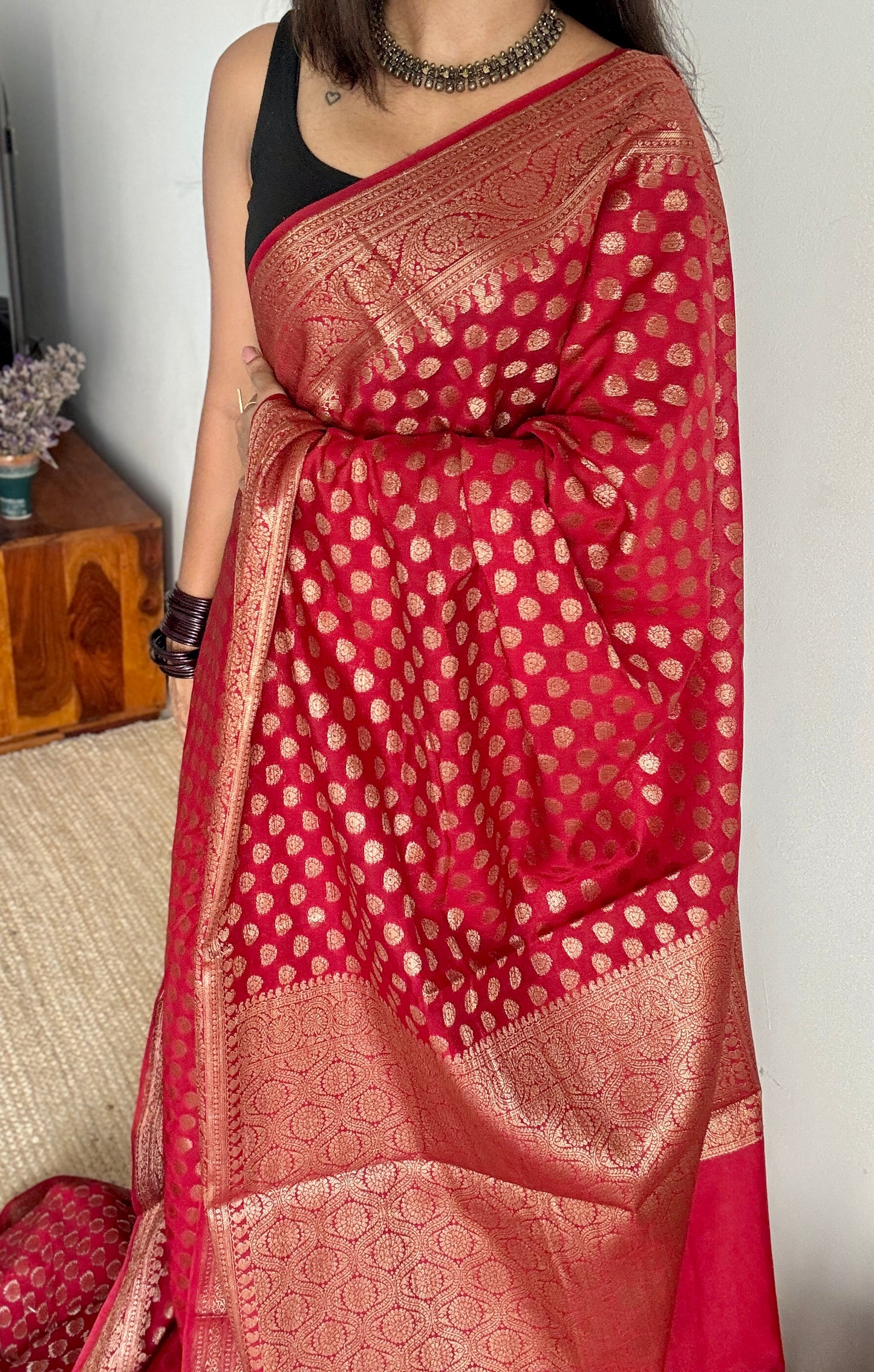Sindura - Dark red antique gold, Banarasi semi georgette