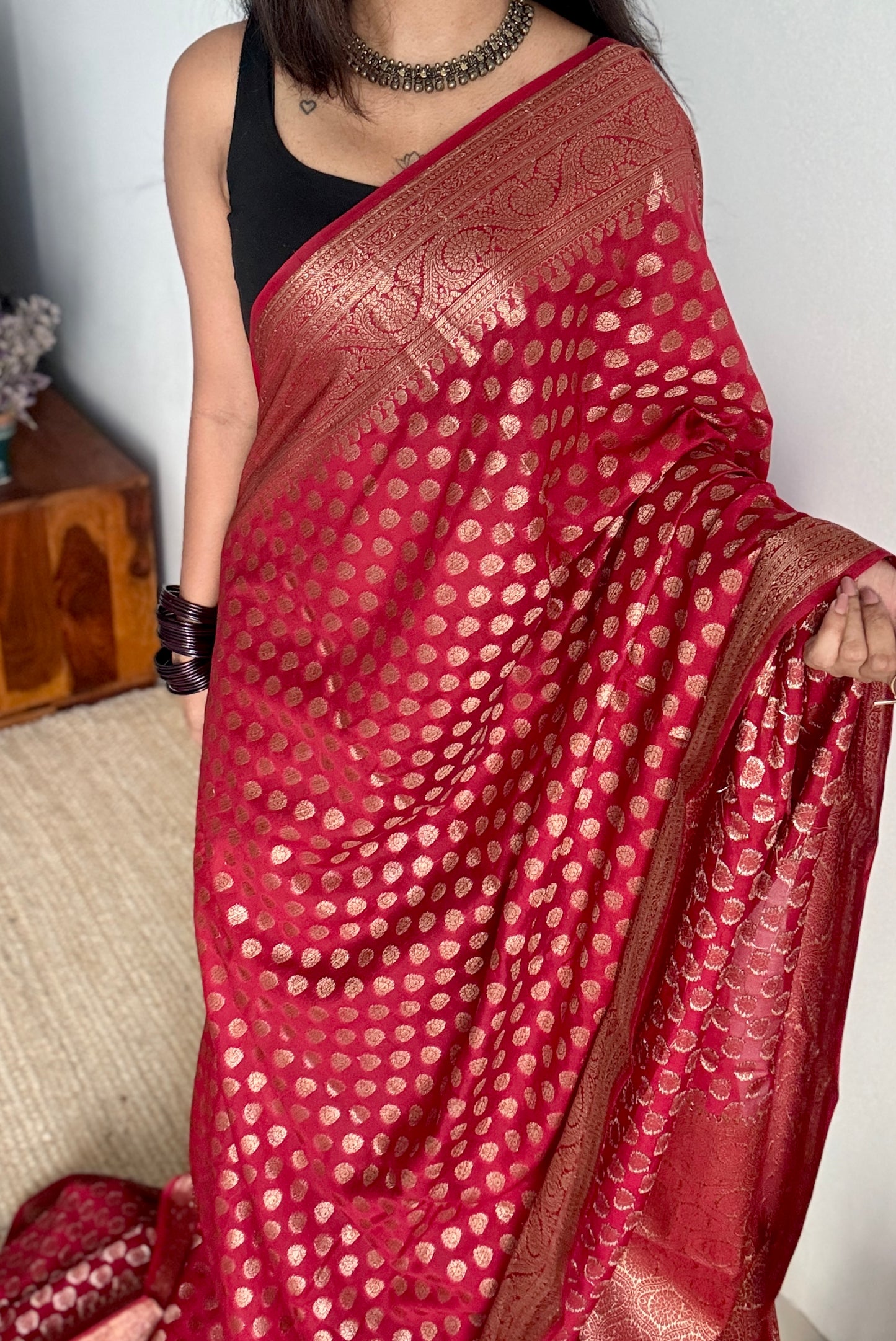 Sindura - Dark red antique gold, Banarasi semi georgette