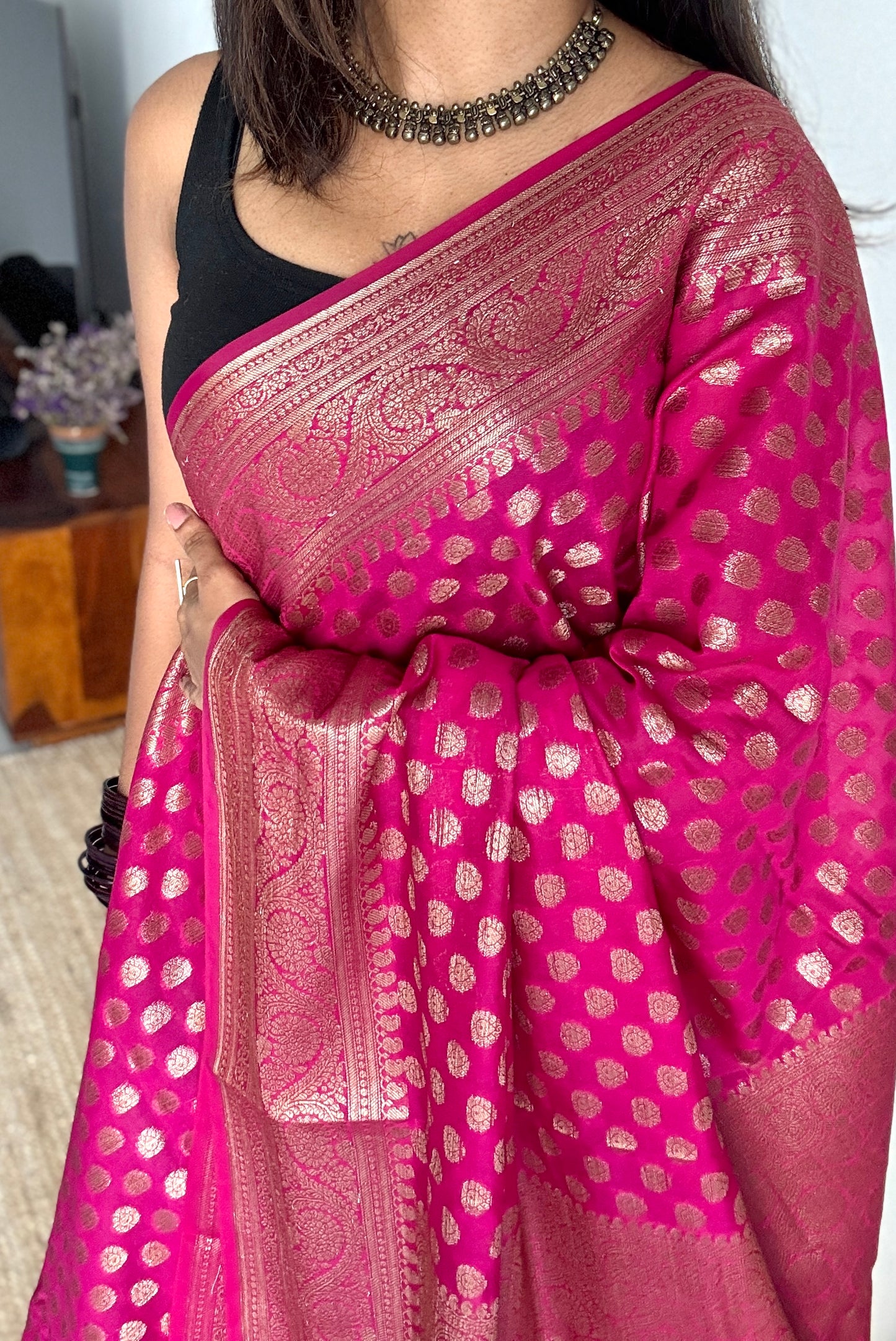 Heer - Warm Magenta antique gold, Banarasi semi georgette