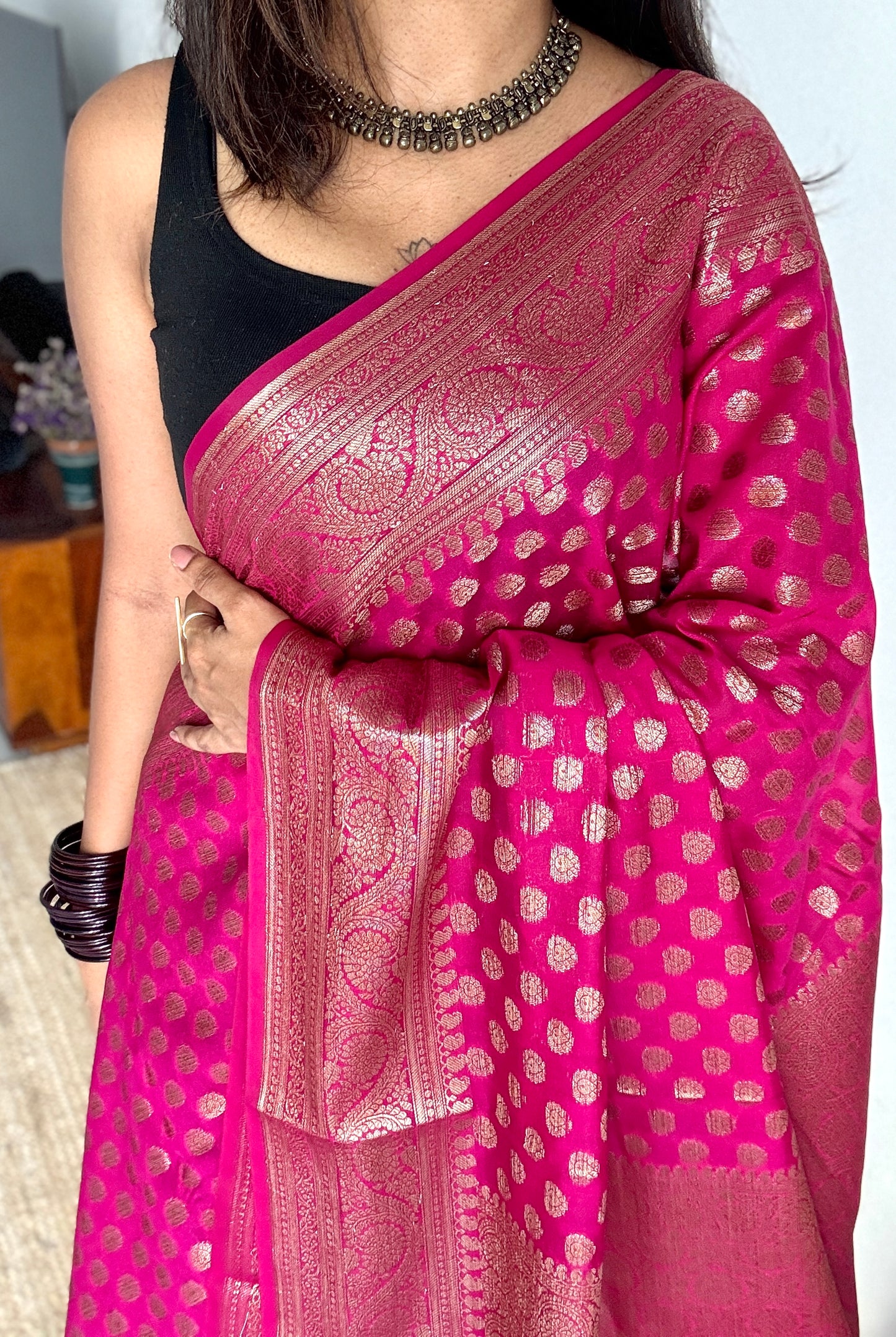 Heer - Warm Magenta antique gold, Banarasi semi georgette