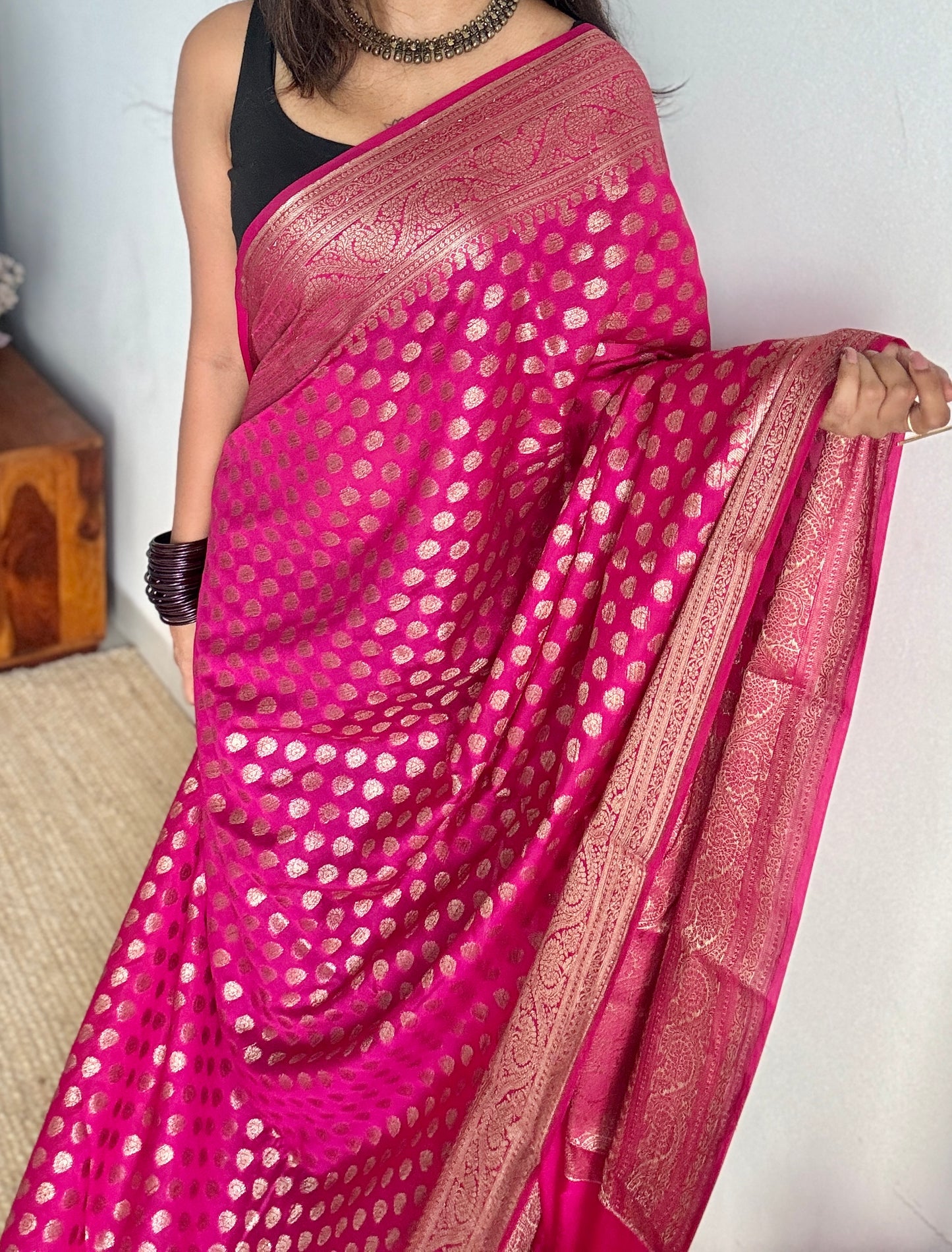 Heer - Warm Magenta antique gold, Banarasi semi georgette