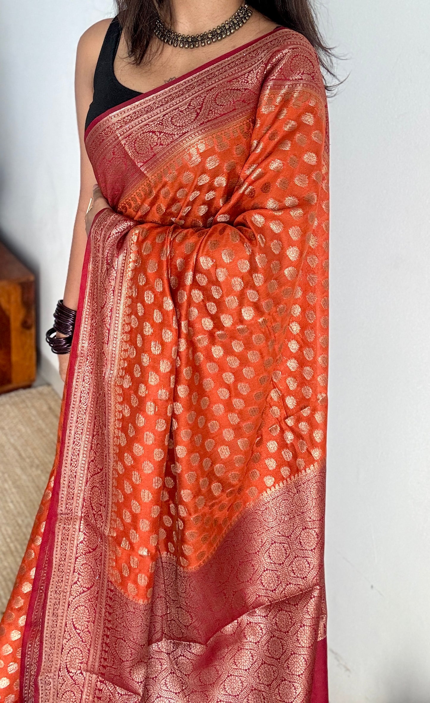 Agnira - Rust orange antique gold with contrast maroon border & pallu, Banarasi semi georgette
