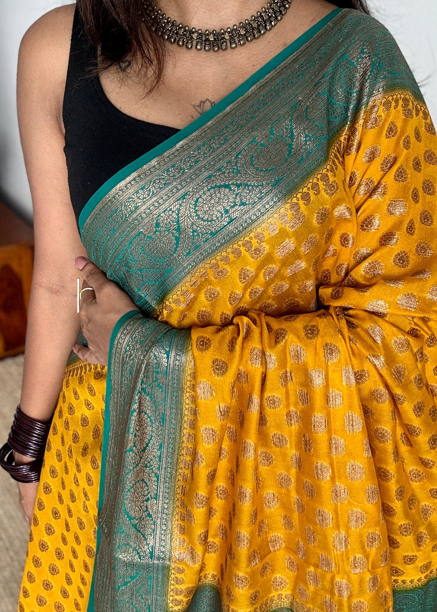 Vibhuti - Dark yellow antique gold with contrast turquoise border & pallu, Banarasi semi georgette
