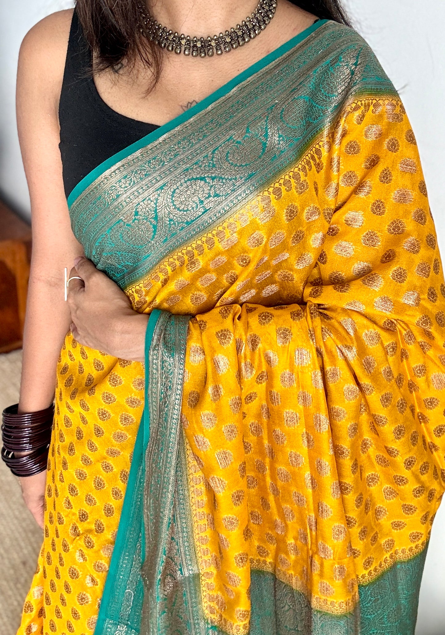 Vibhuti - Dark yellow antique gold with contrast turquoise border & pallu, Banarasi semi georgette