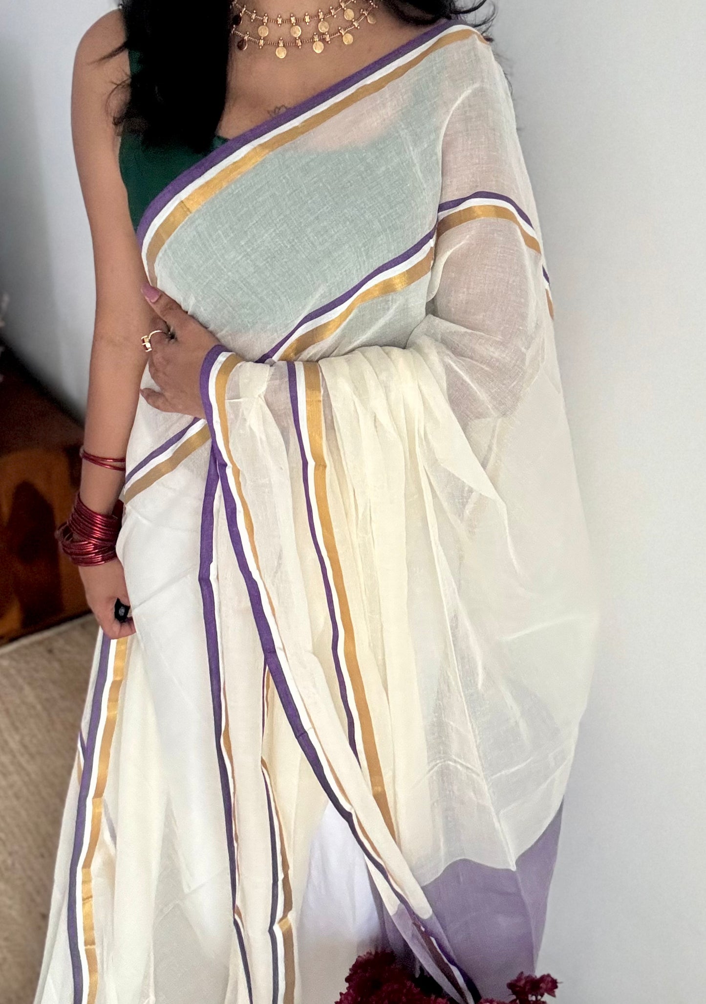 Ivory with violet and gold stripe border, mul cotton - YCON25BCM104
