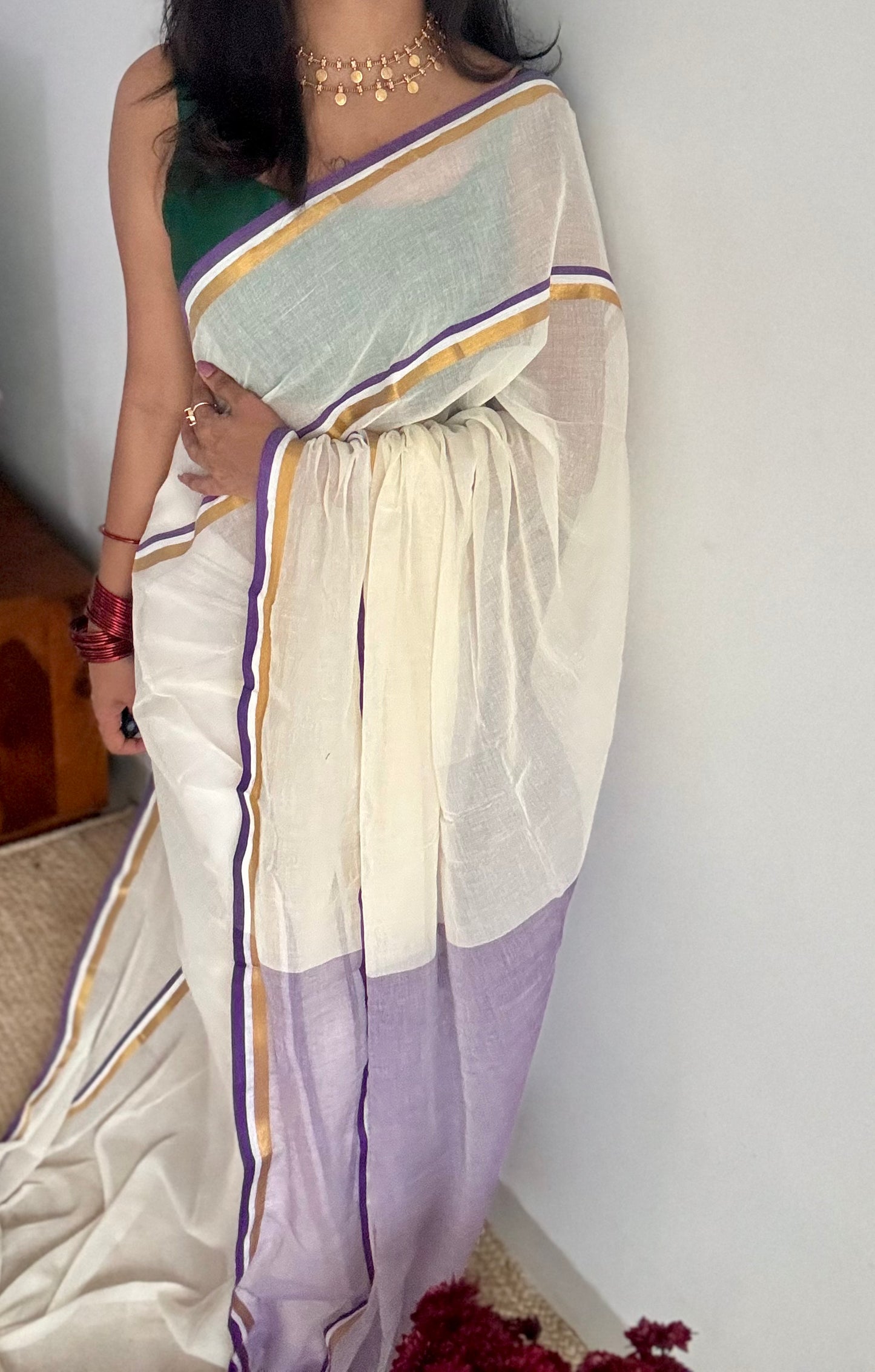 Ivory with violet and gold stripe border, mul cotton - YCON25BCM104
