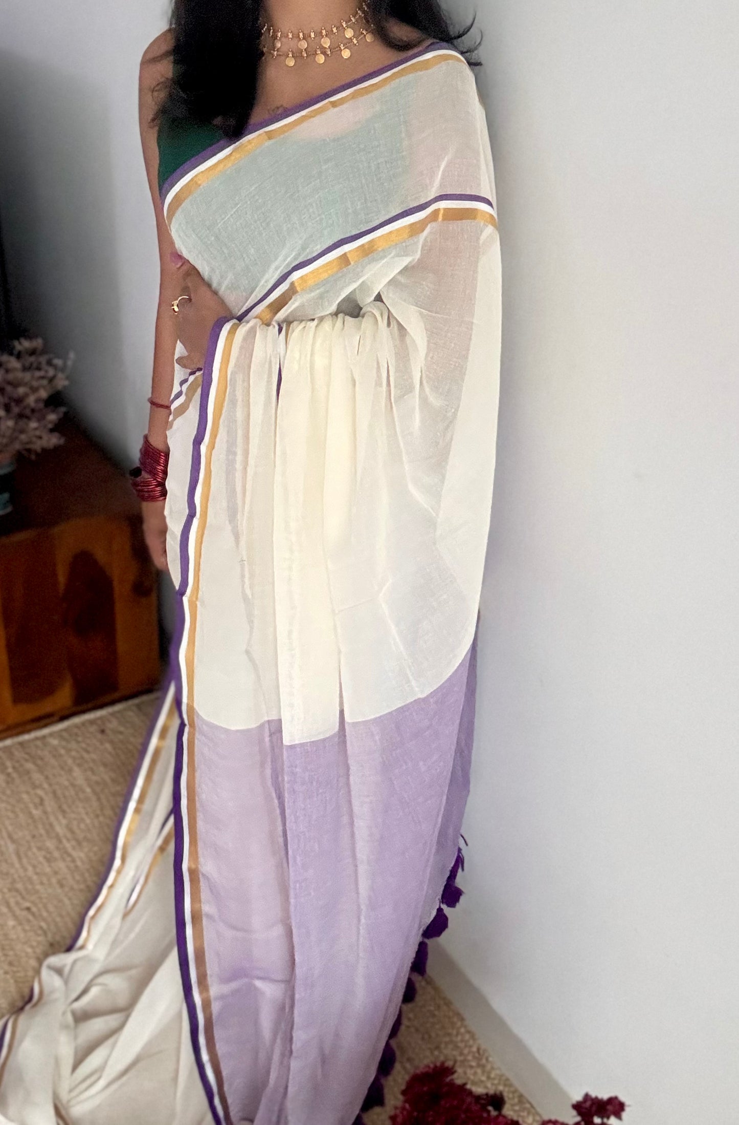 Ivory with violet and gold stripe border, mul cotton - YCON25BCM104