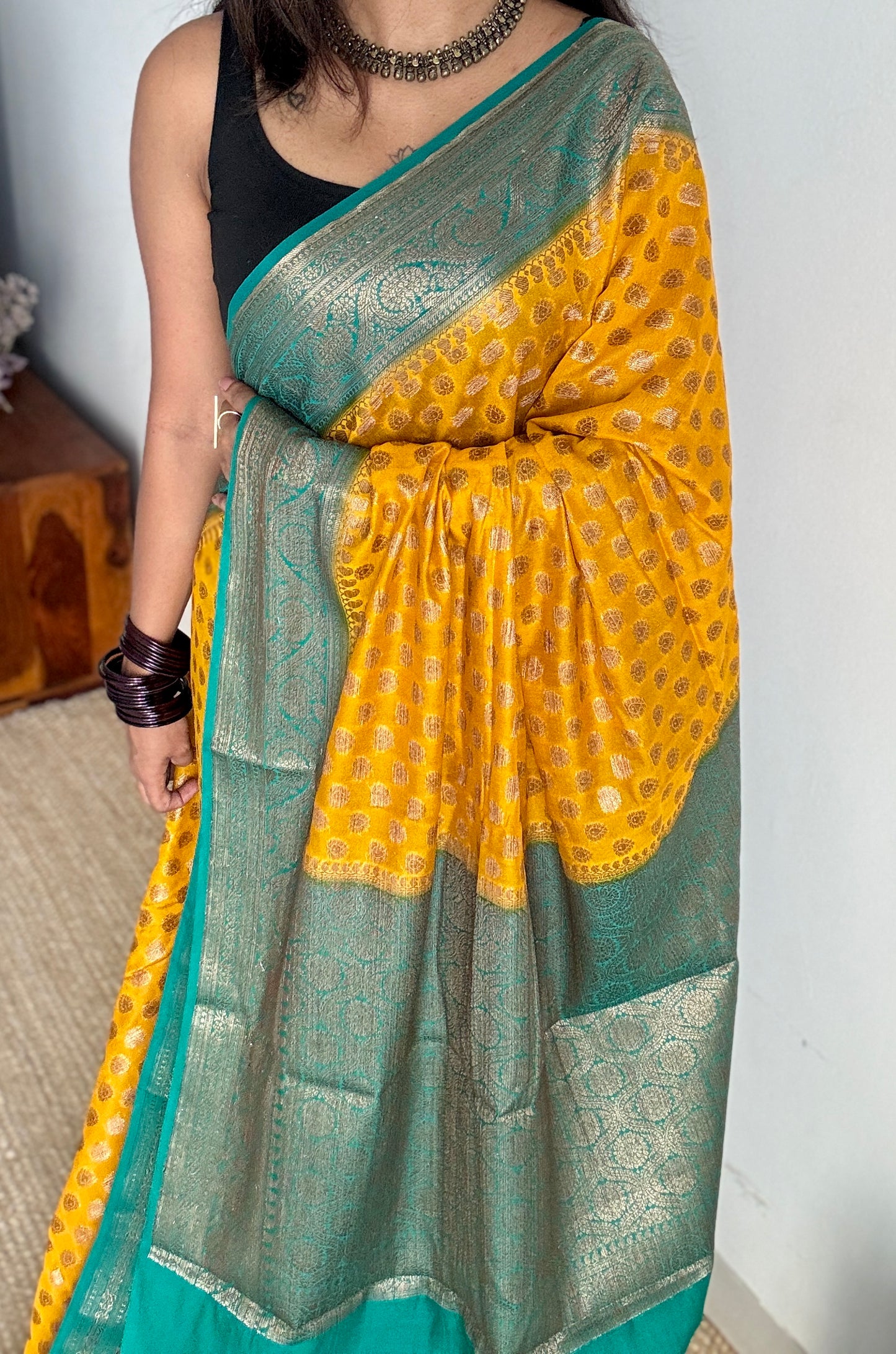 Vibhuti - Dark yellow antique gold with contrast turquoise border & pallu, Banarasi semi georgette