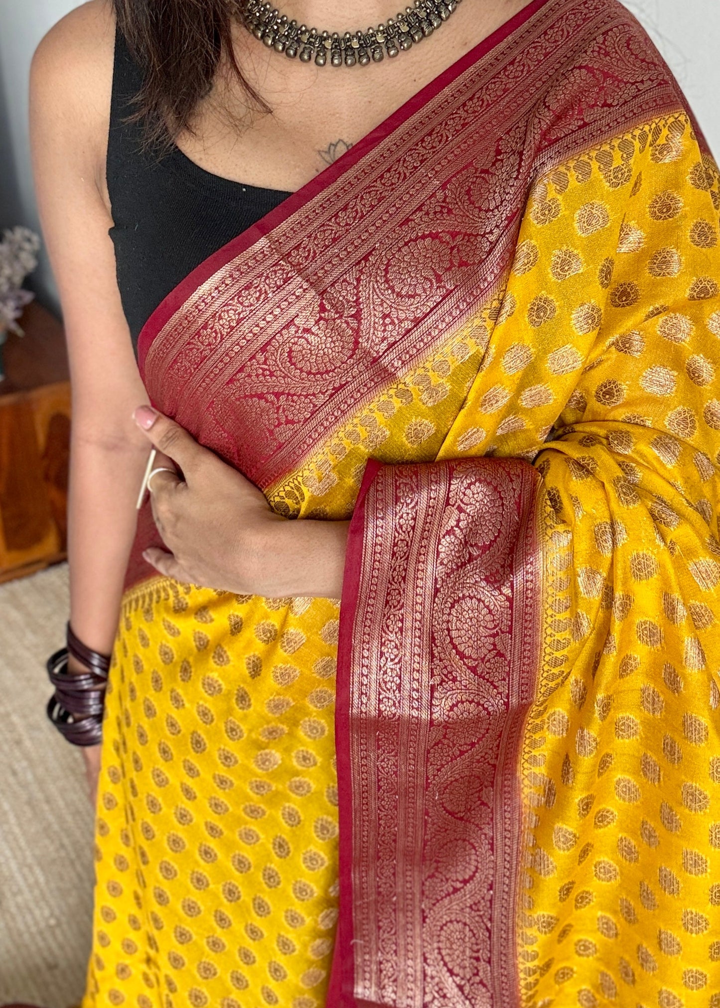 Ujjwala - Yellow antique gold with contrast maroon border & pallu, Banarasi semi georgette
