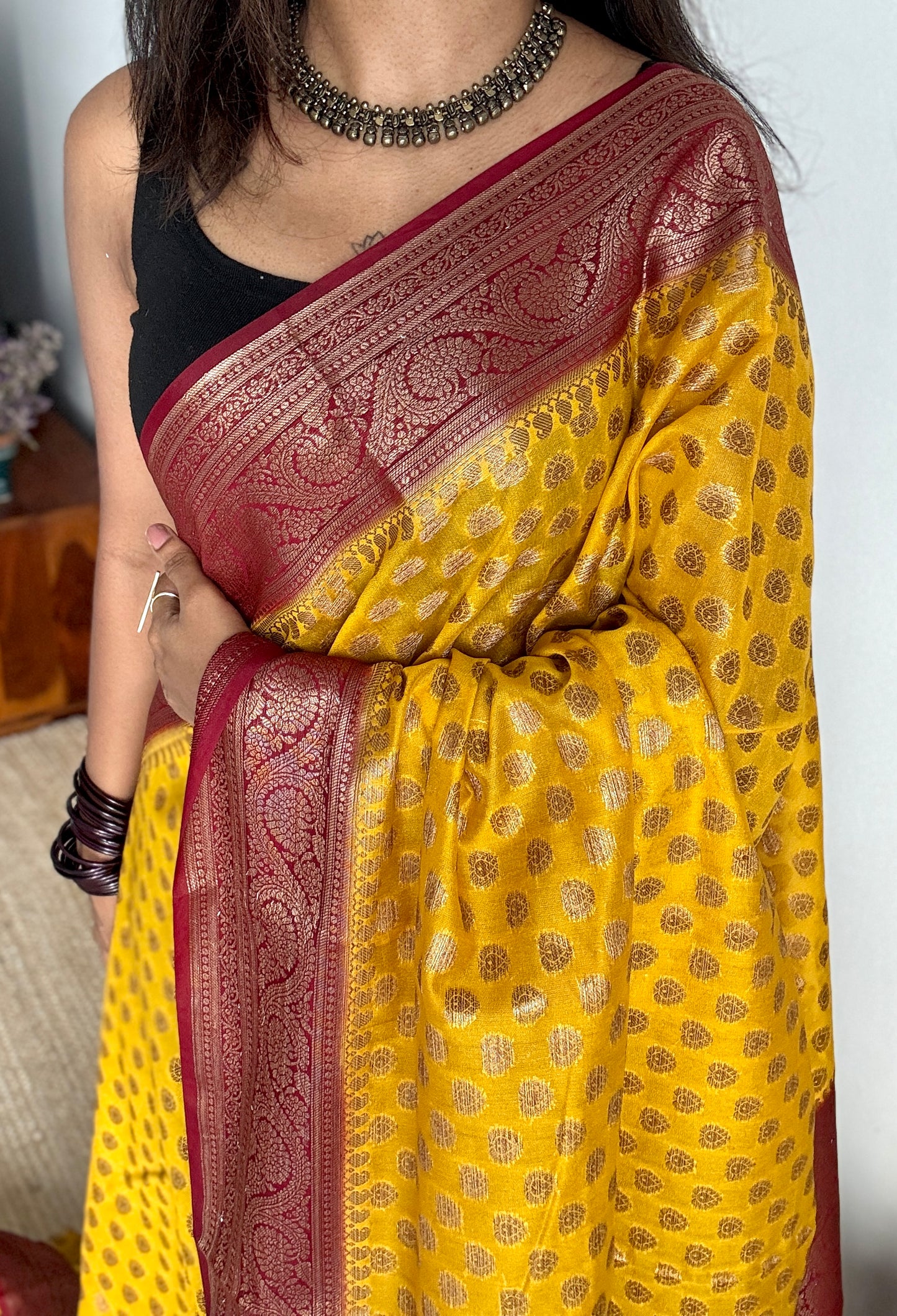 Ujjwala - Yellow antique gold with contrast maroon border & pallu, Banarasi semi georgette