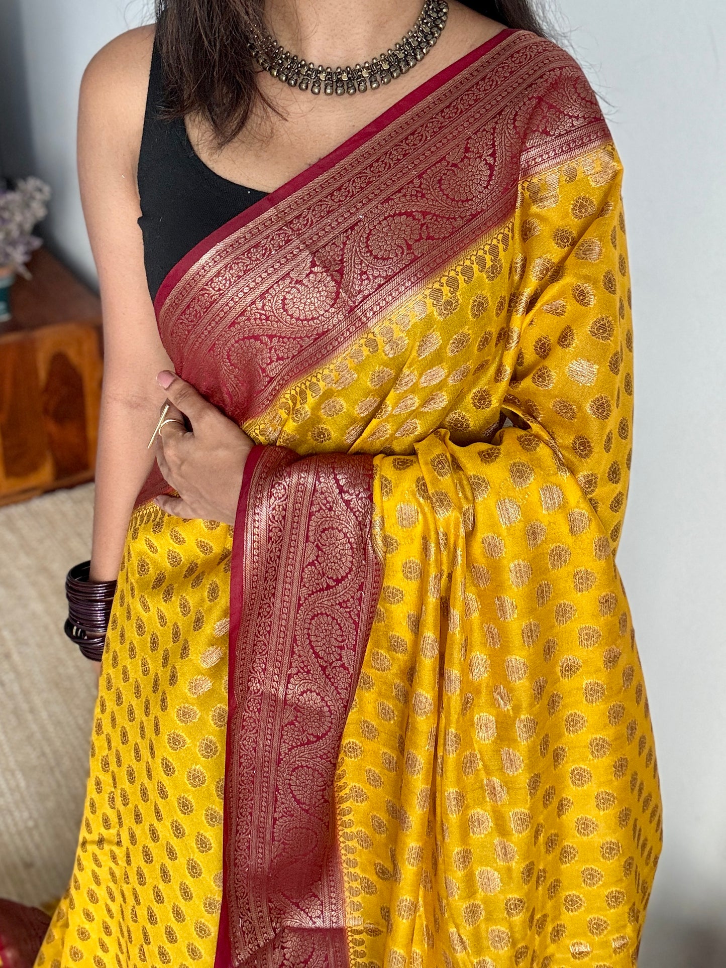 Ujjwala - Yellow antique gold with contrast maroon border & pallu, Banarasi semi georgette