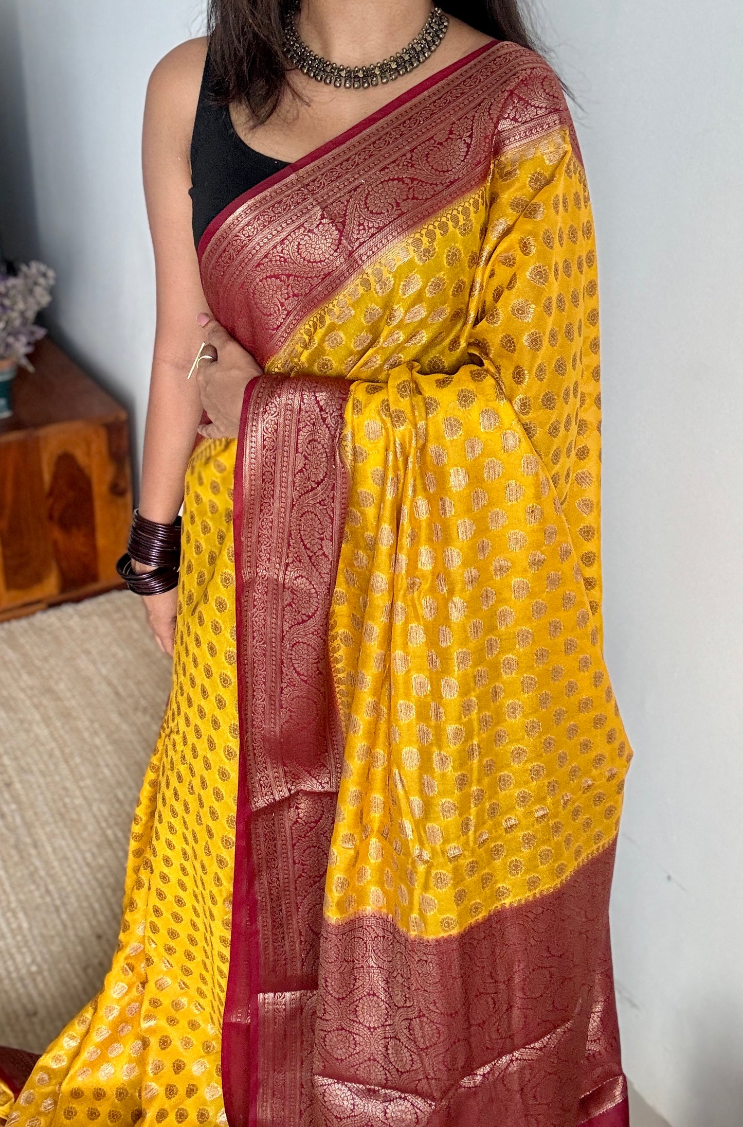 Ujjwala - Yellow antique gold with contrast maroon border & pallu, Banarasi semi georgette