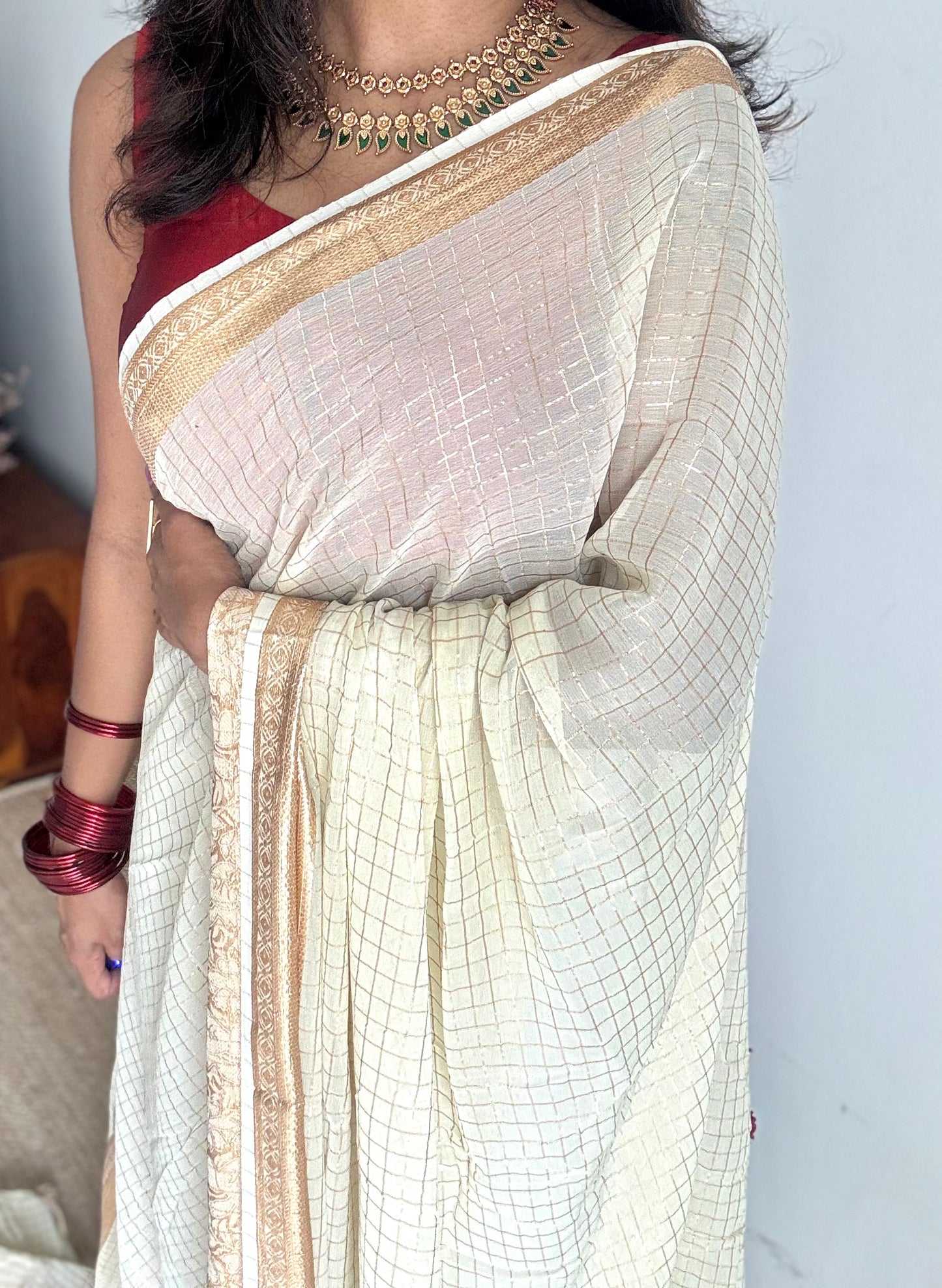 Cream & gold viscose silk checks - with contrast red blouse - YCON25DOS01