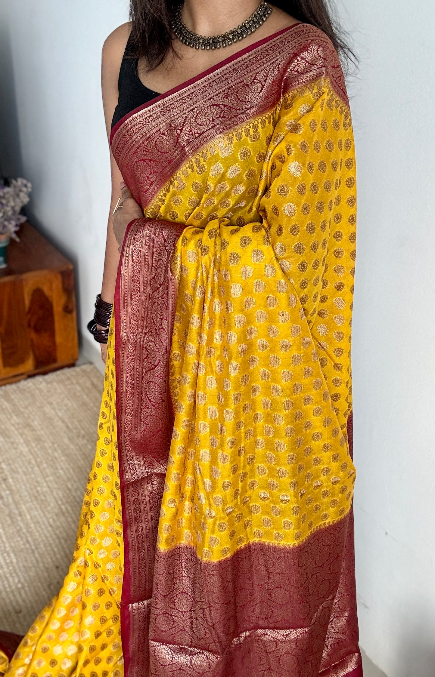 Ujjwala - Yellow antique gold with contrast maroon border & pallu, Banarasi semi georgette