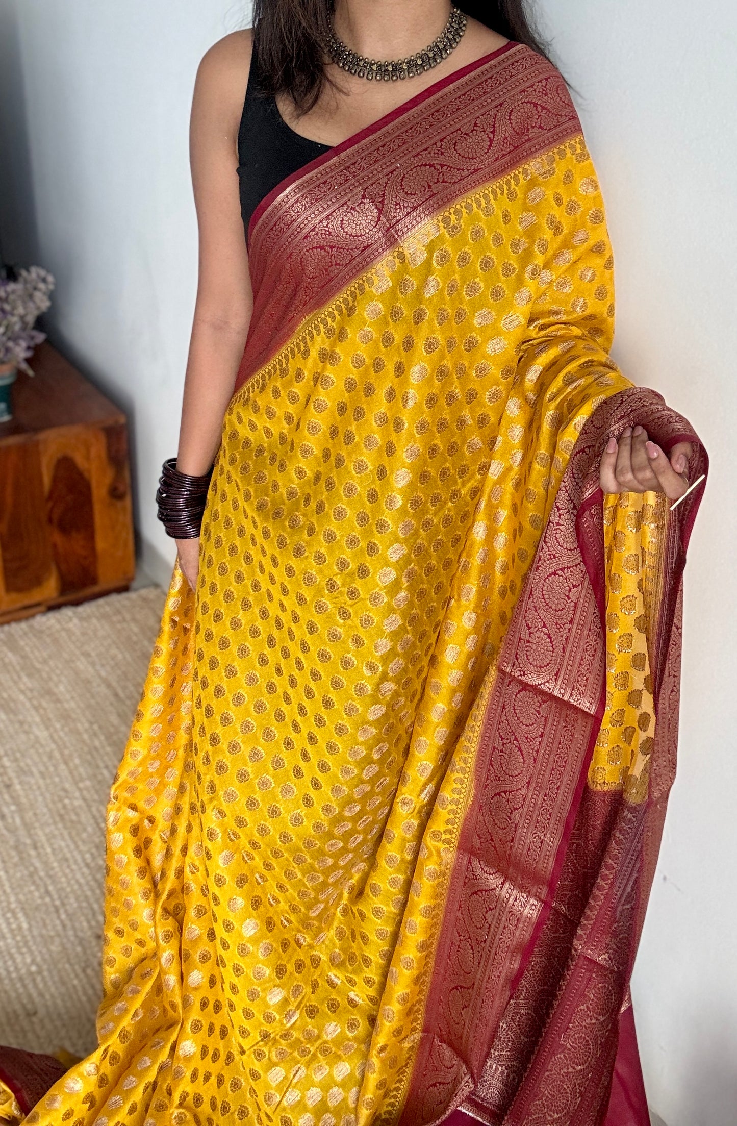 Ujjwala - Yellow antique gold with contrast maroon border & pallu, Banarasi semi georgette