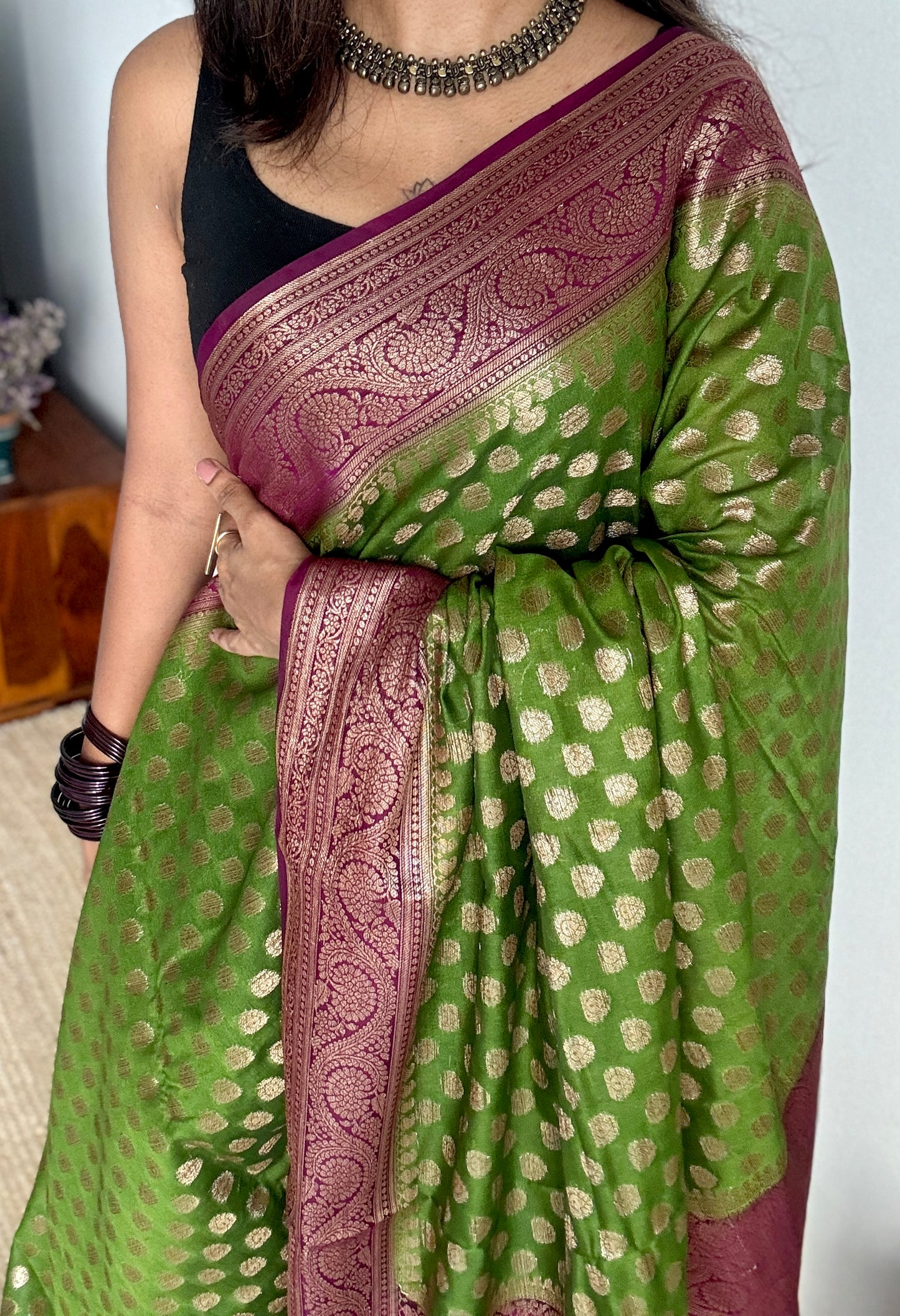 Mehendi Rang - Green antique gold with contrast purple border & pallu, Banarasi semi georgette