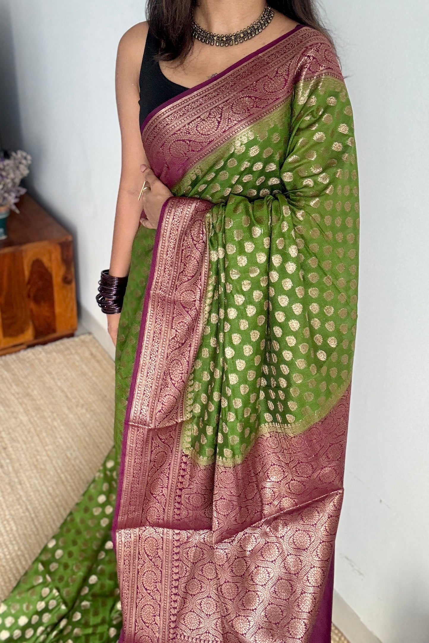 Mehendi Rang - Green antique gold with contrast purple border & pallu, Banarasi semi georgette