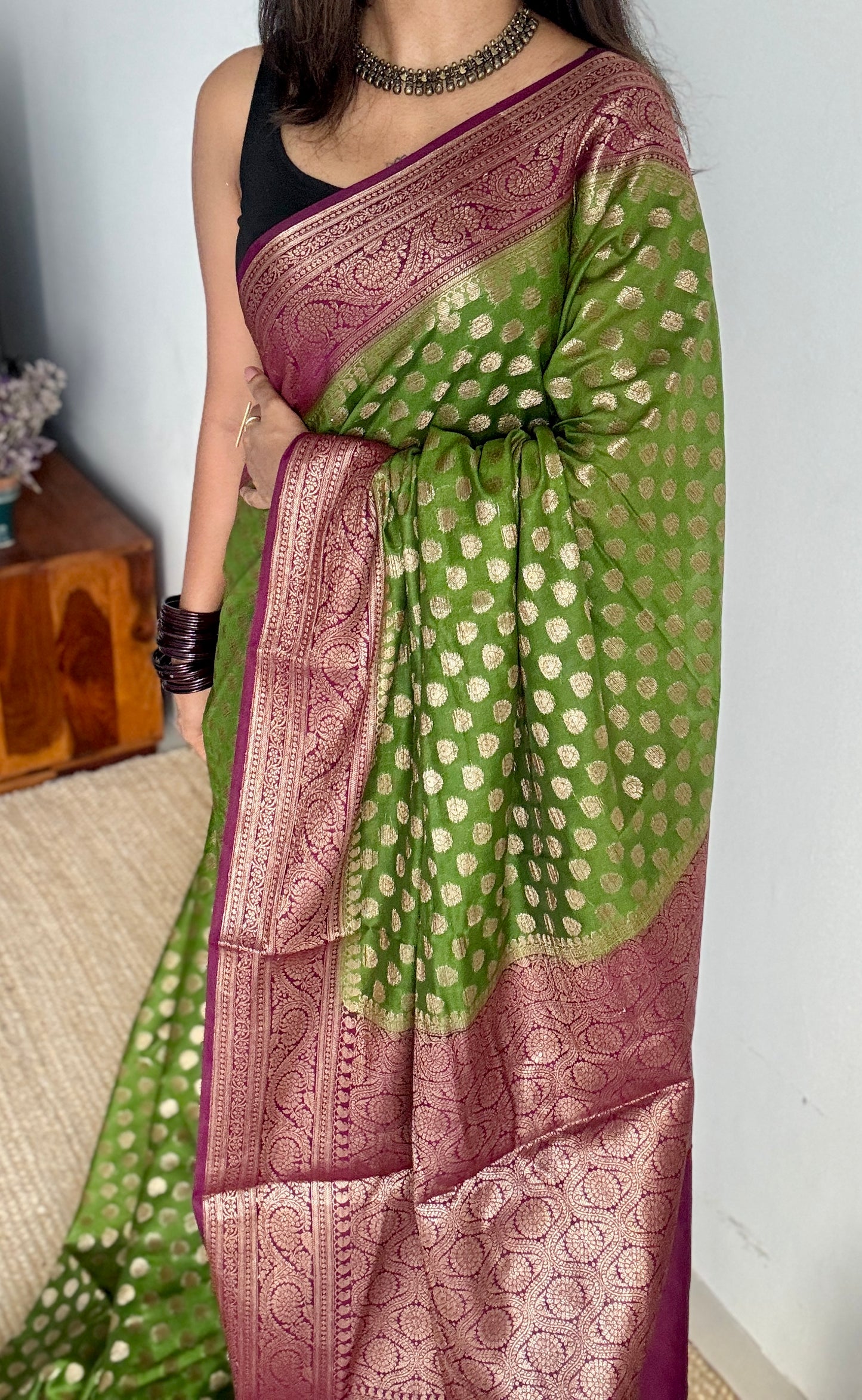 Mehendi Rang - Green antique gold with contrast purple border & pallu, Banarasi semi georgette