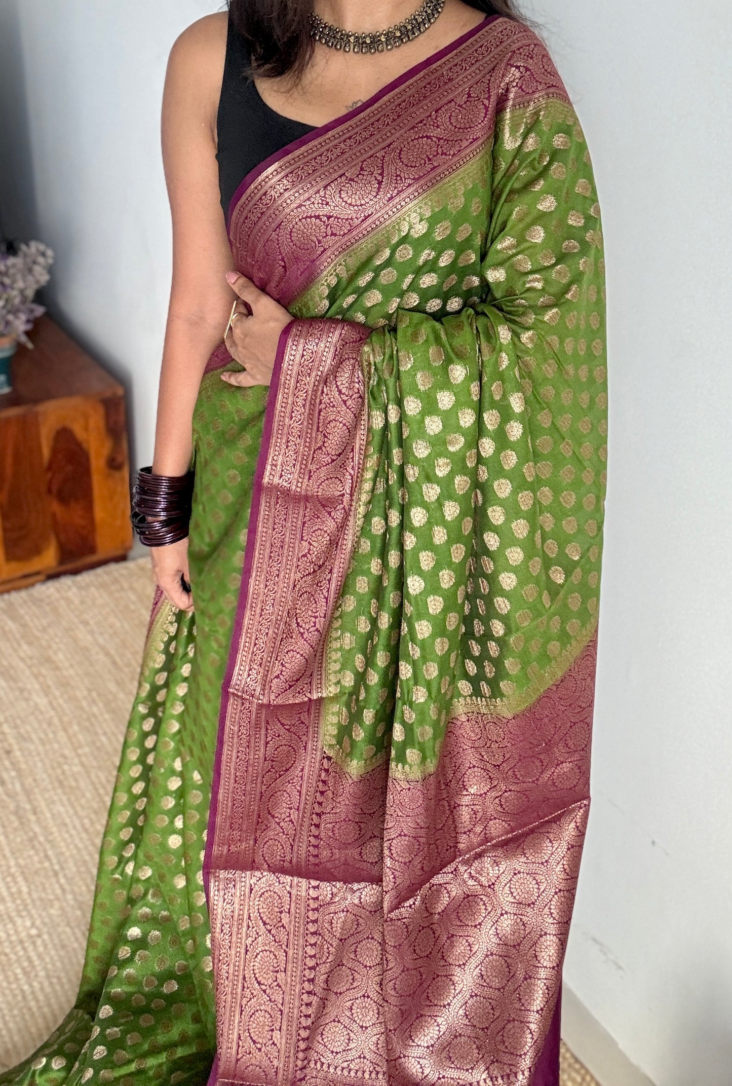 Mehendi Rang - Green antique gold with contrast purple border & pallu, Banarasi semi georgette