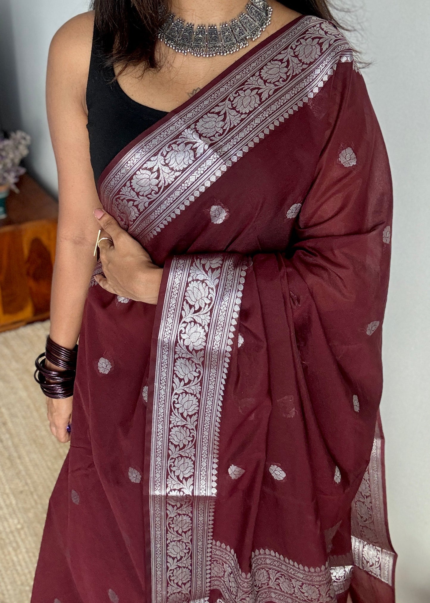 Dhwani - Brown silver zari, Banarasi semi chiffon