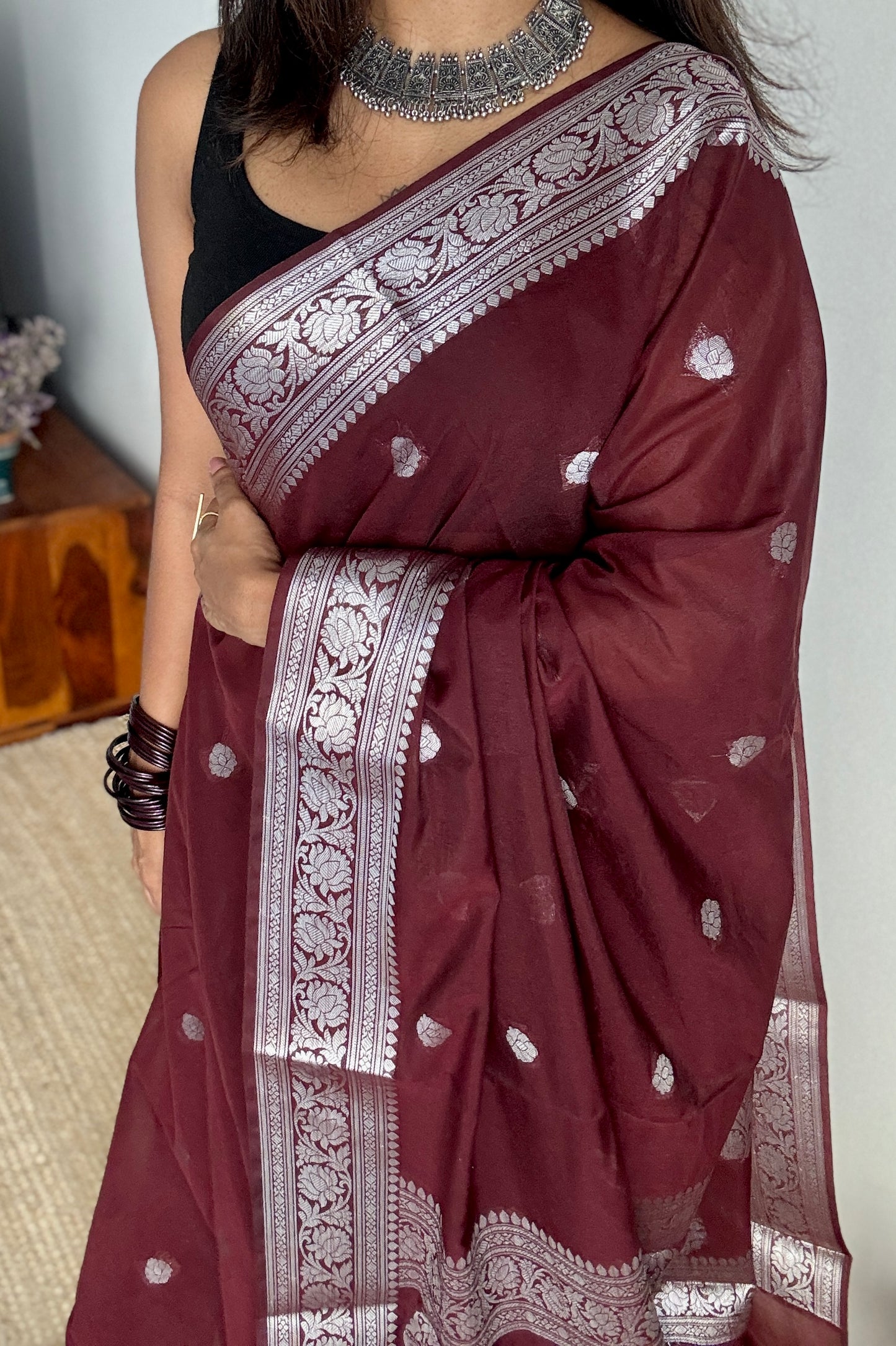 Dhwani - Brown silver zari, Banarasi semi chiffon