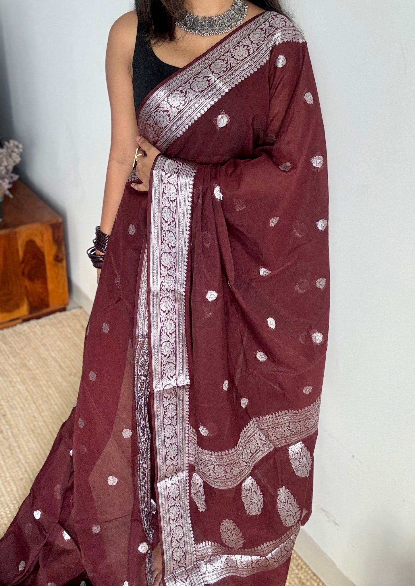 Dhwani - Brown silver zari, Banarasi semi chiffon