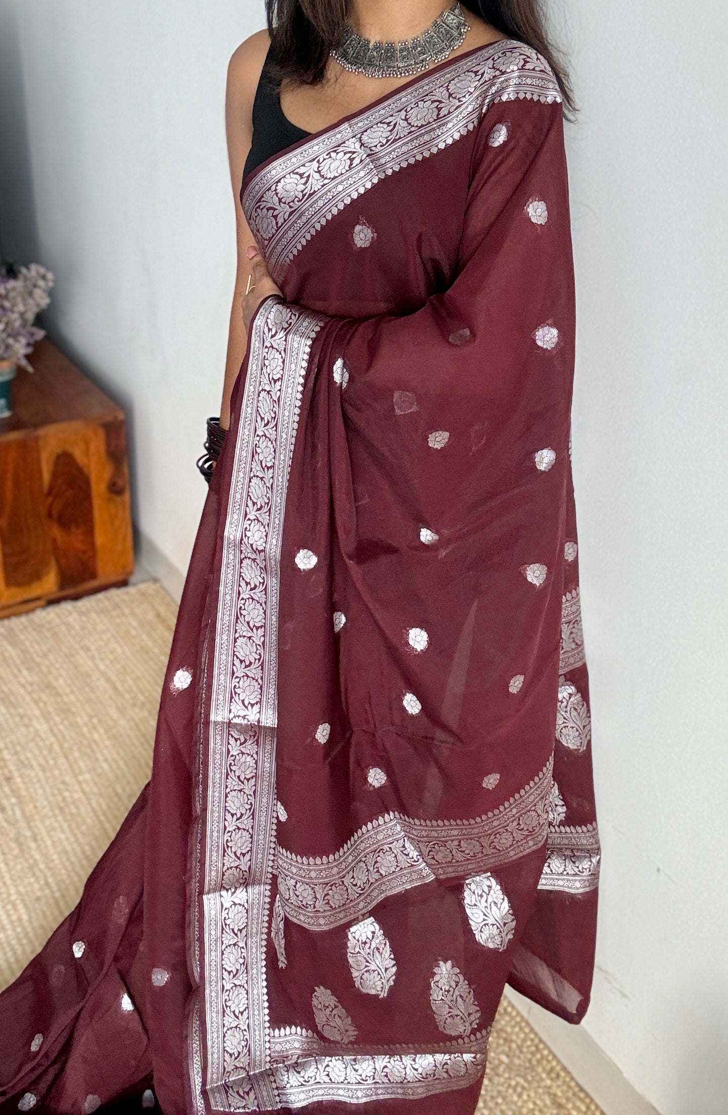 Dhwani - Brown silver zari, Banarasi semi chiffon