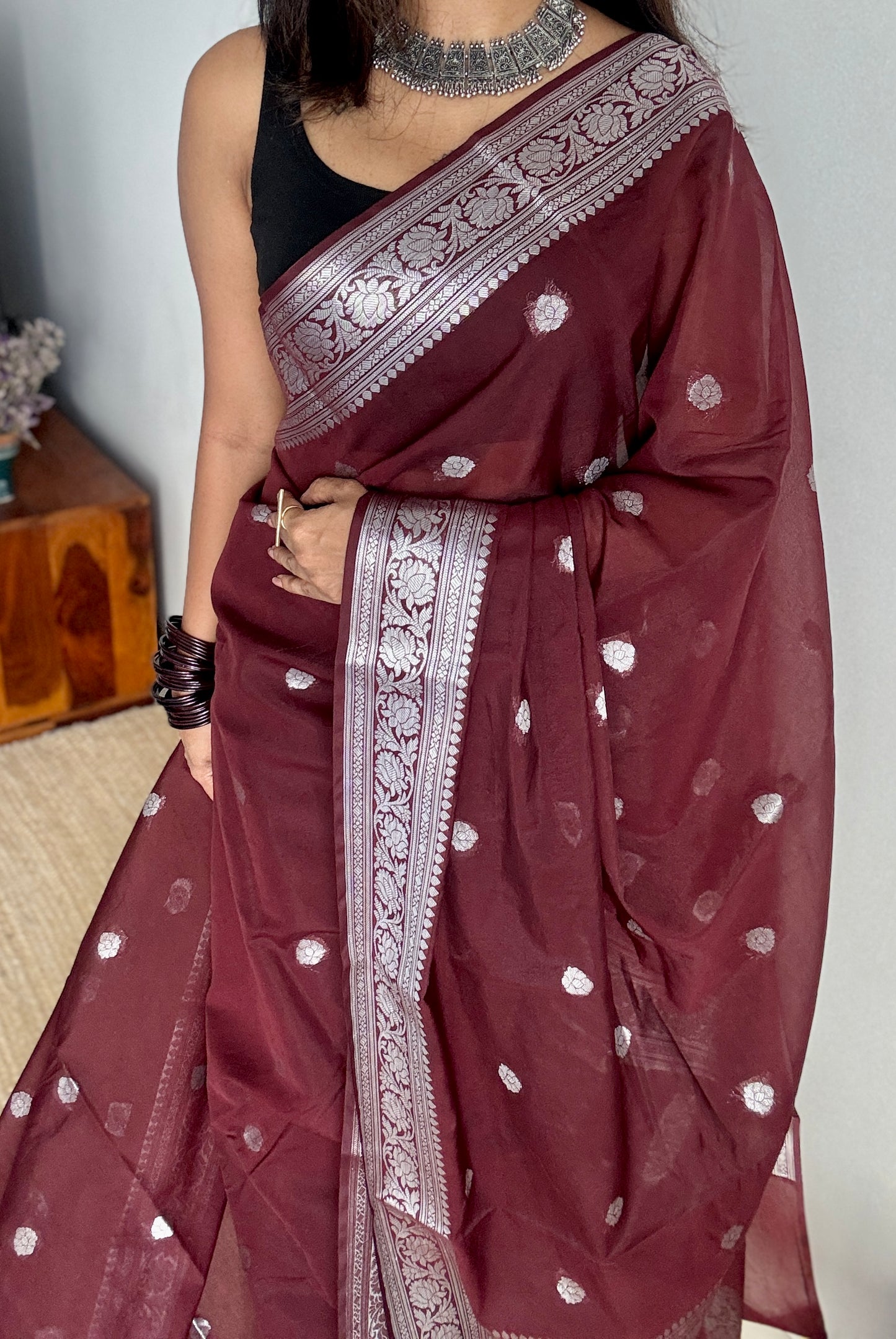 Dhwani - Brown silver zari, Banarasi semi chiffon