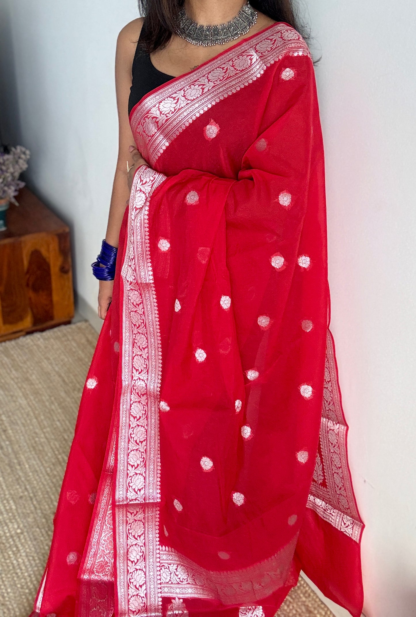 Shubhrika - Chilli red silver zari, Banarasi semi chiffon