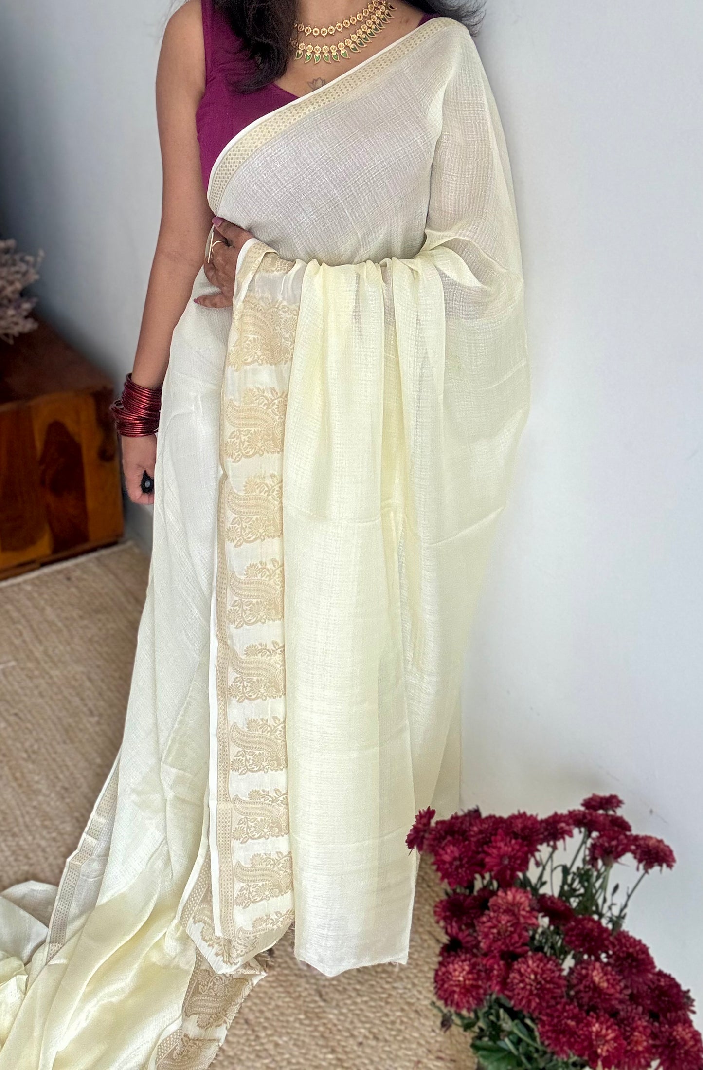 Cream & gold viscose khadi silk - with violet contrast blouse - YCON25DOS04