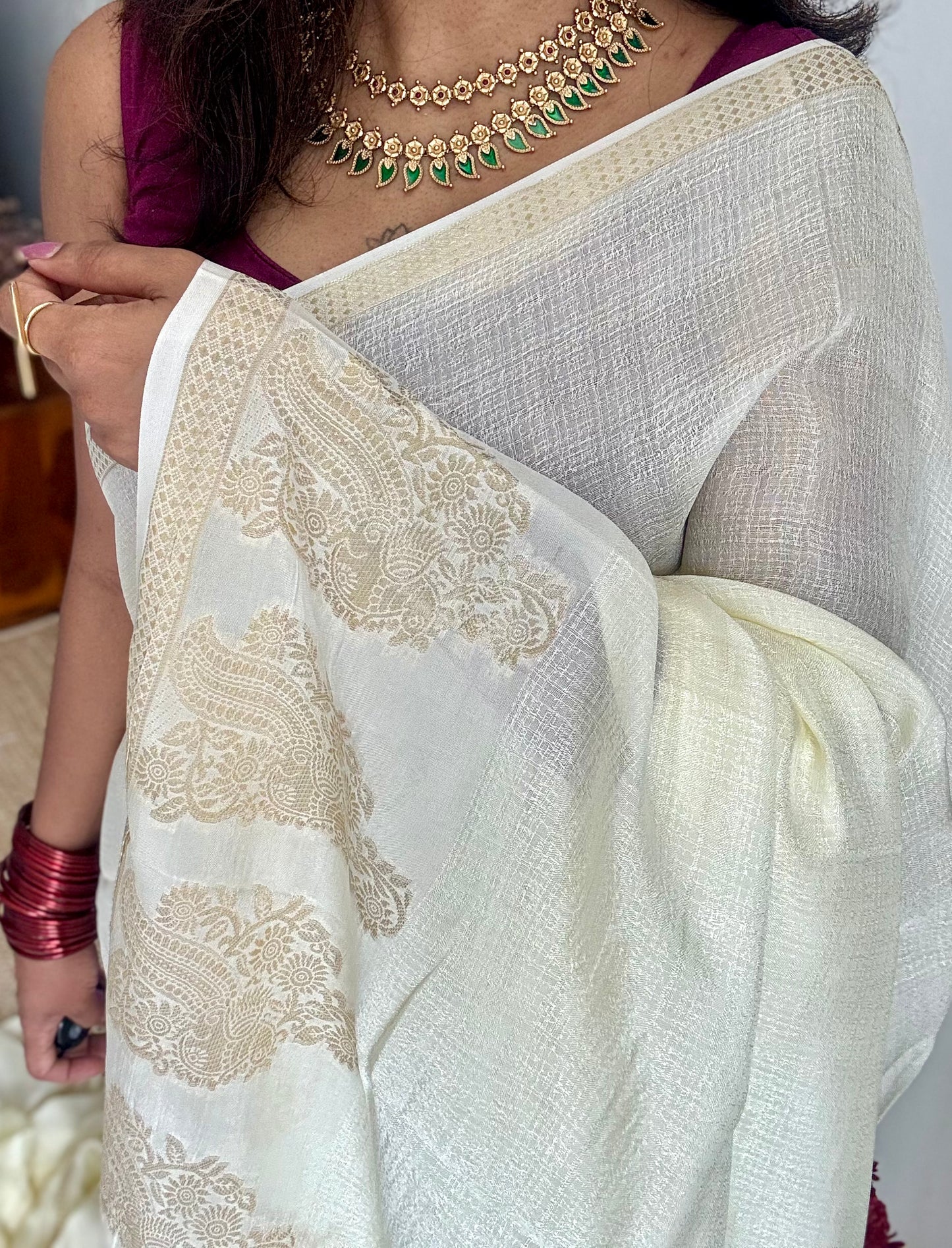 Cream & gold viscose khadi silk - with violet contrast blouse - YCON25DOS04