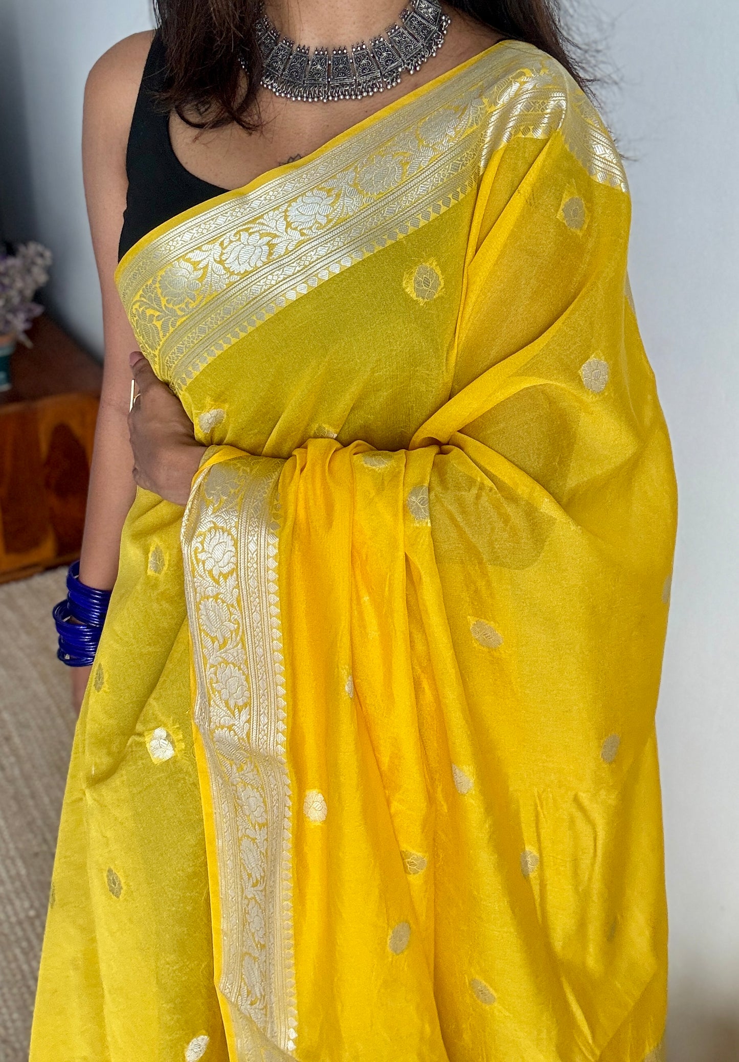 Roshni - Bright yellow silver zari, Banarasi semi chiffon