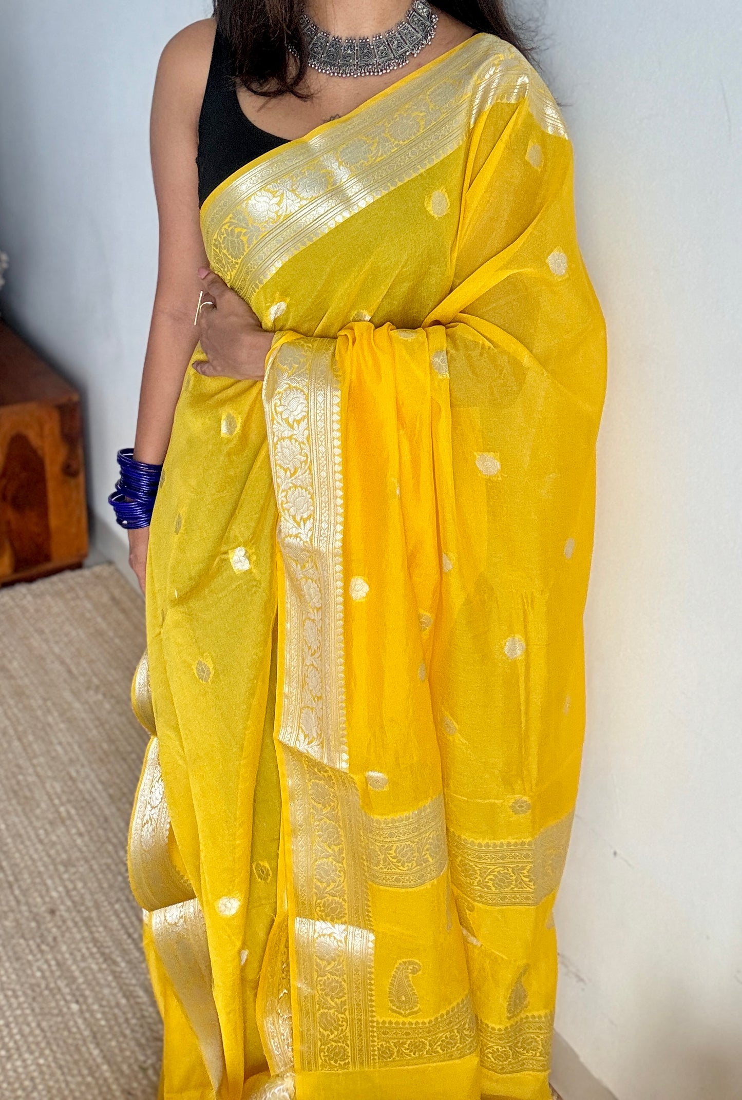 Roshni - Bright yellow silver zari, Banarasi semi chiffon