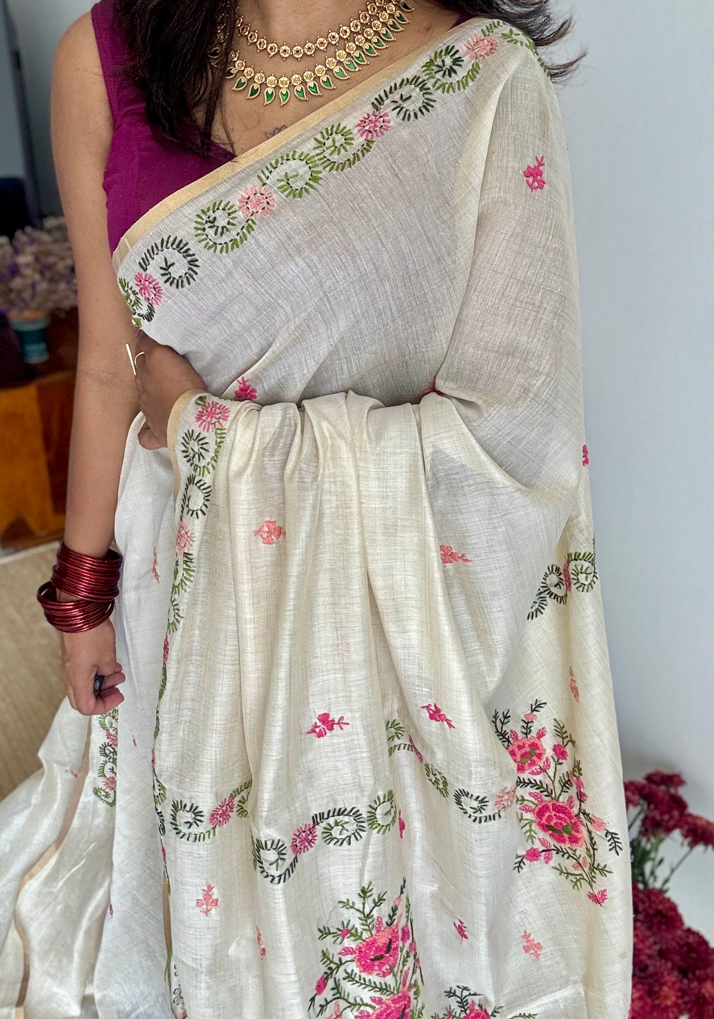 Ivory cotton silk with floral kantha threadwork - YCON25BCKW32