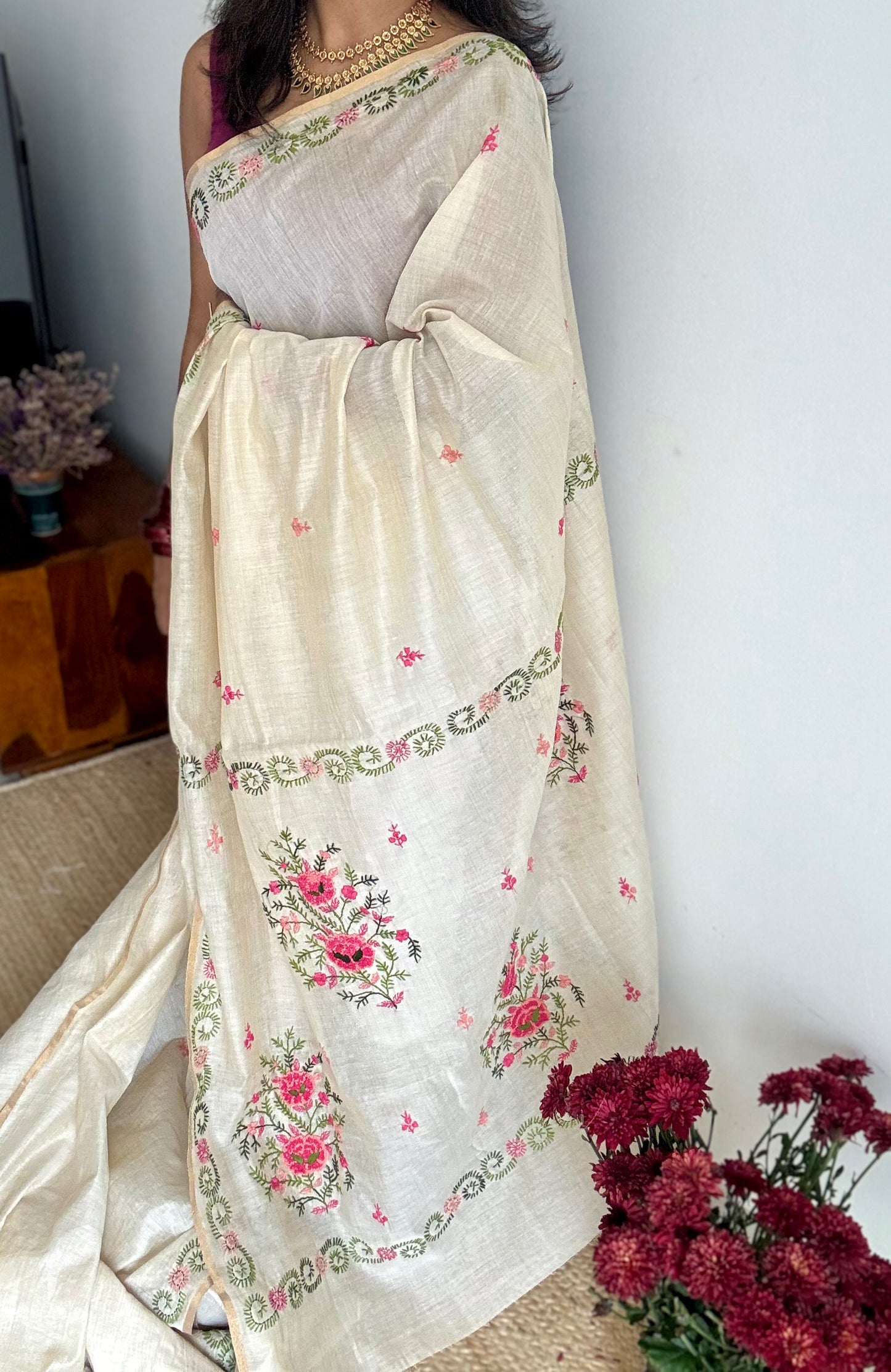 Ivory cotton silk with floral kantha threadwork - YCON25BCKW32
