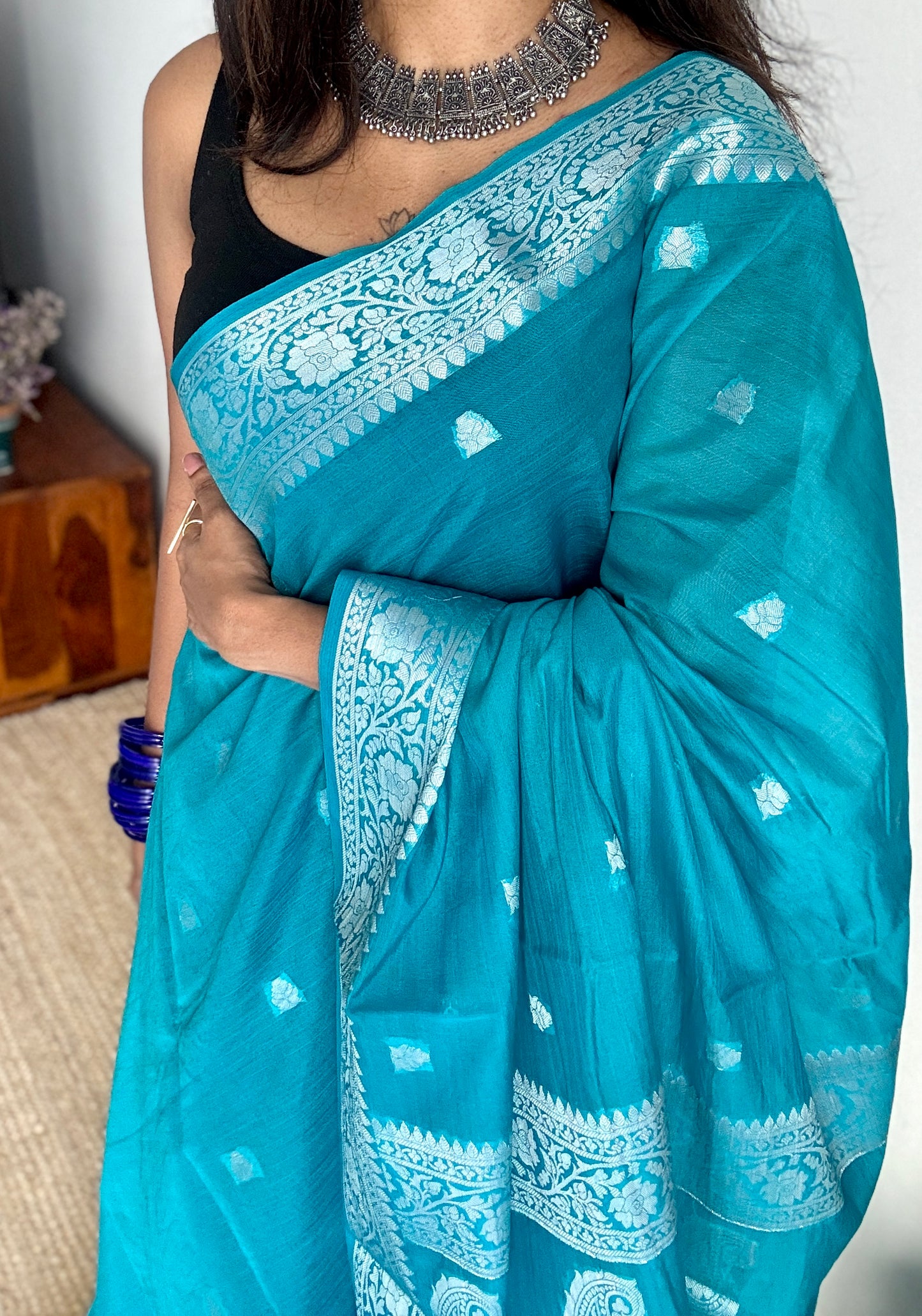 Nirva - Aqua blue silver zari, Banarasi semi chiffon
