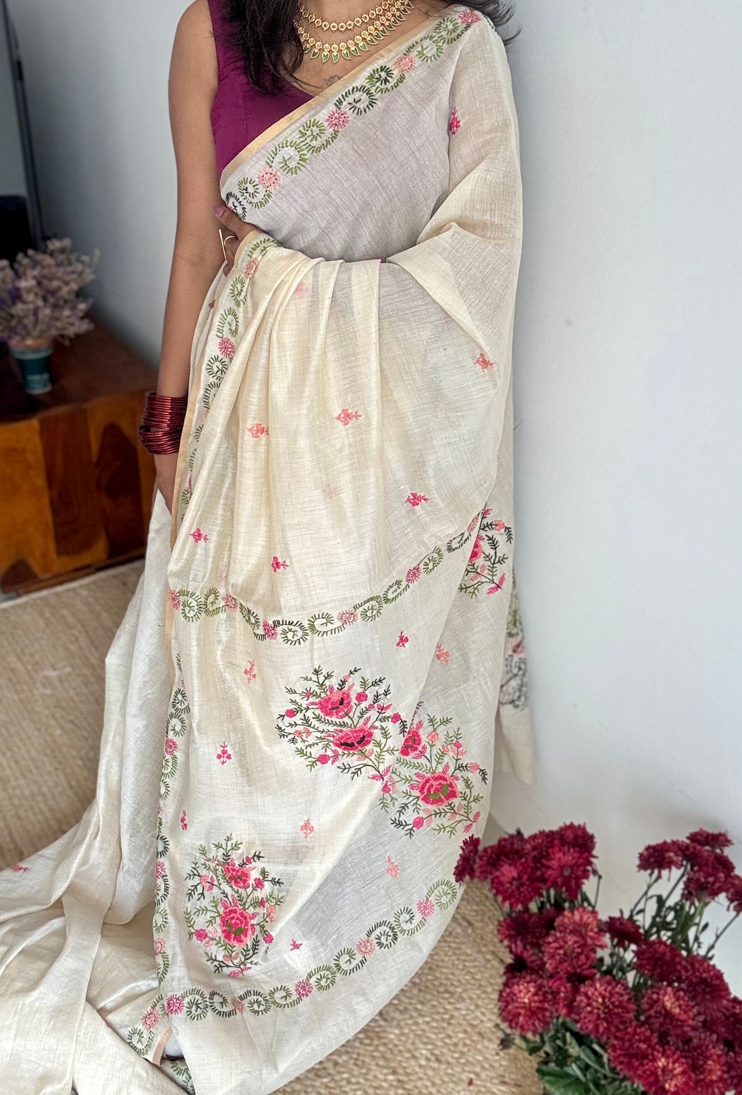 Ivory cotton silk with floral kantha threadwork - YCON25BCKW32