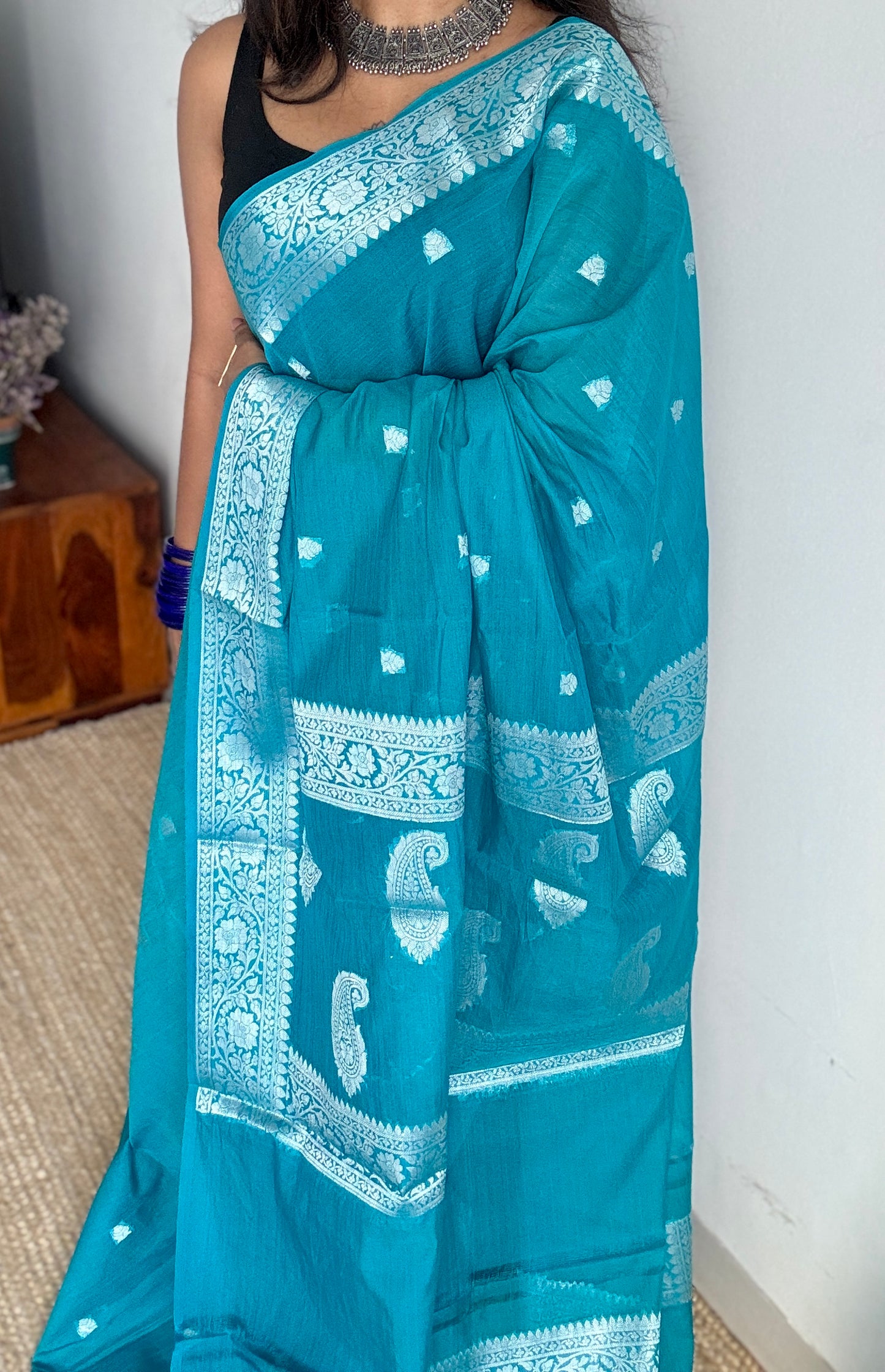 Nirva - Aqua blue silver zari, Banarasi semi chiffon