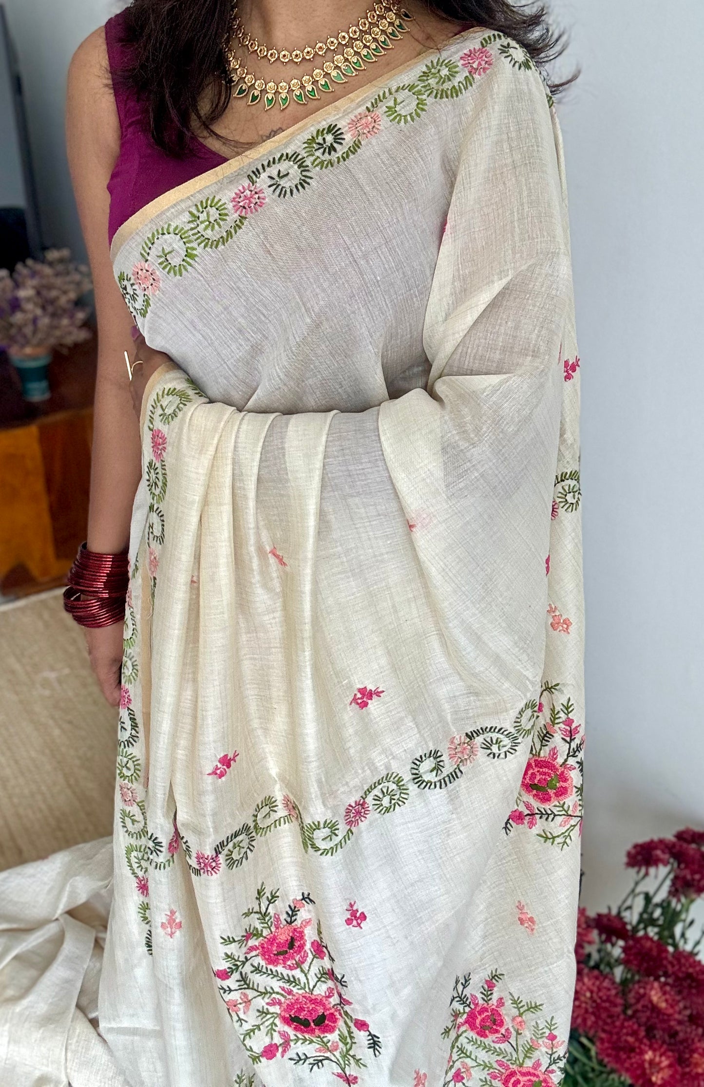 Ivory cotton silk with floral kantha threadwork - YCON25BCKW32