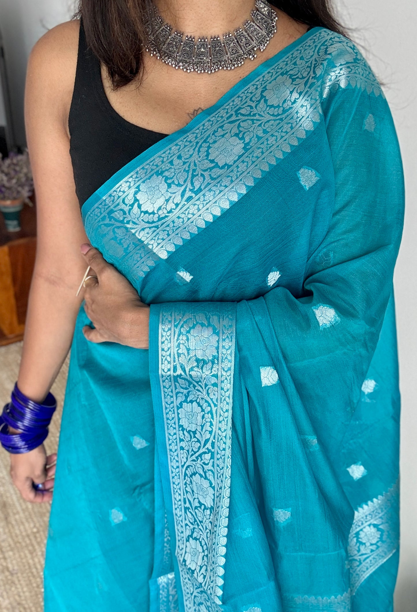 Nirva - Aqua blue silver zari, Banarasi semi chiffon