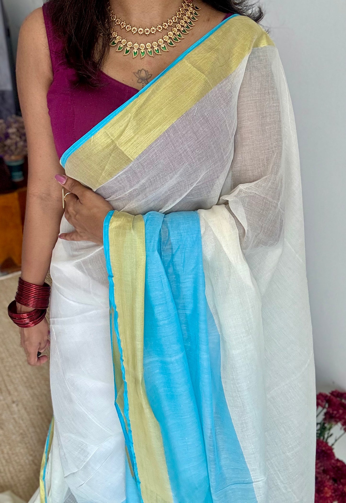 Ivory with dyed blue and antique gold zari border, mul cotton - YCON25BCM24