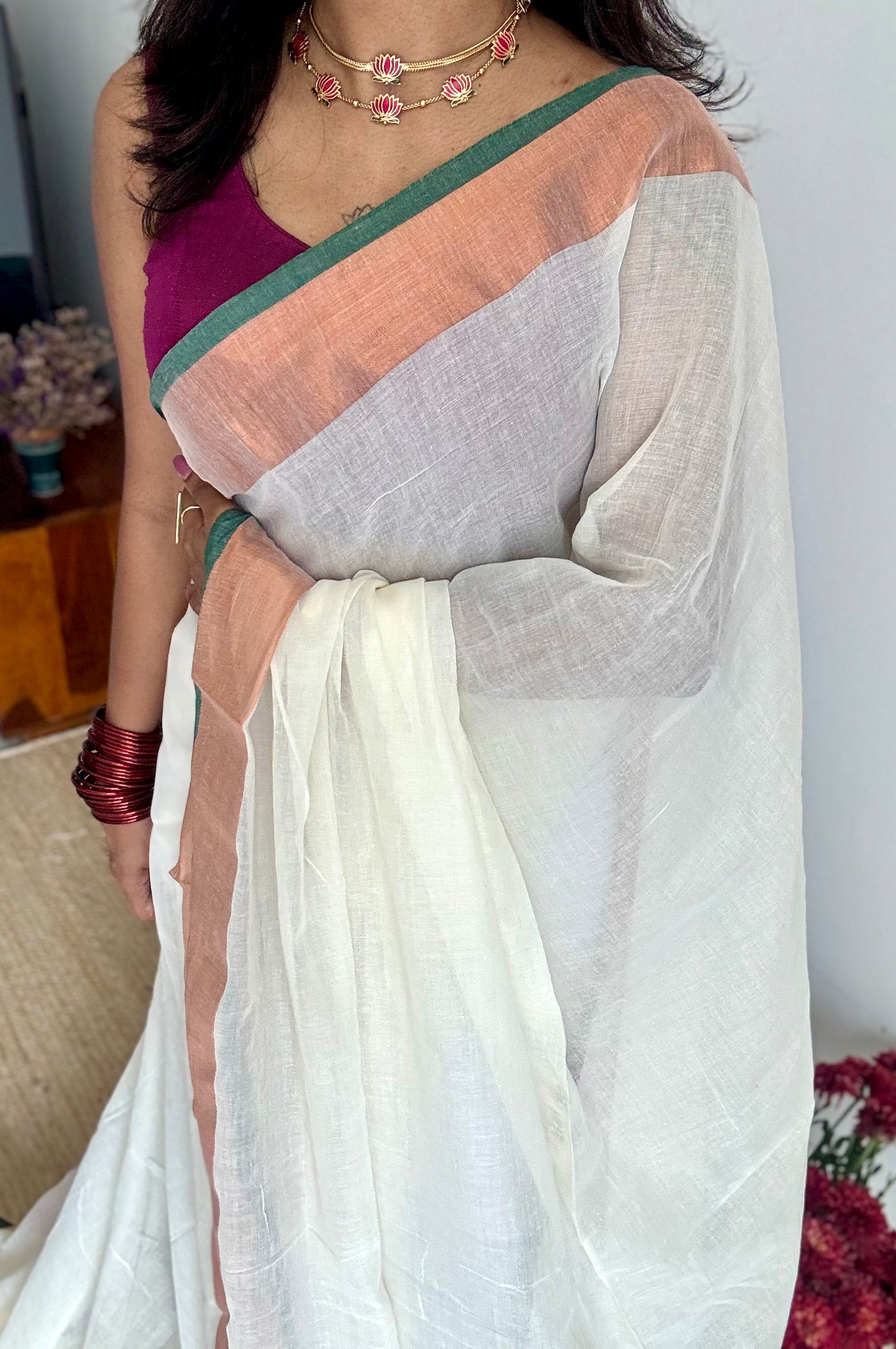 Ivory with green highlighted antique gold zari border, mul cotton - YCON25BCM26