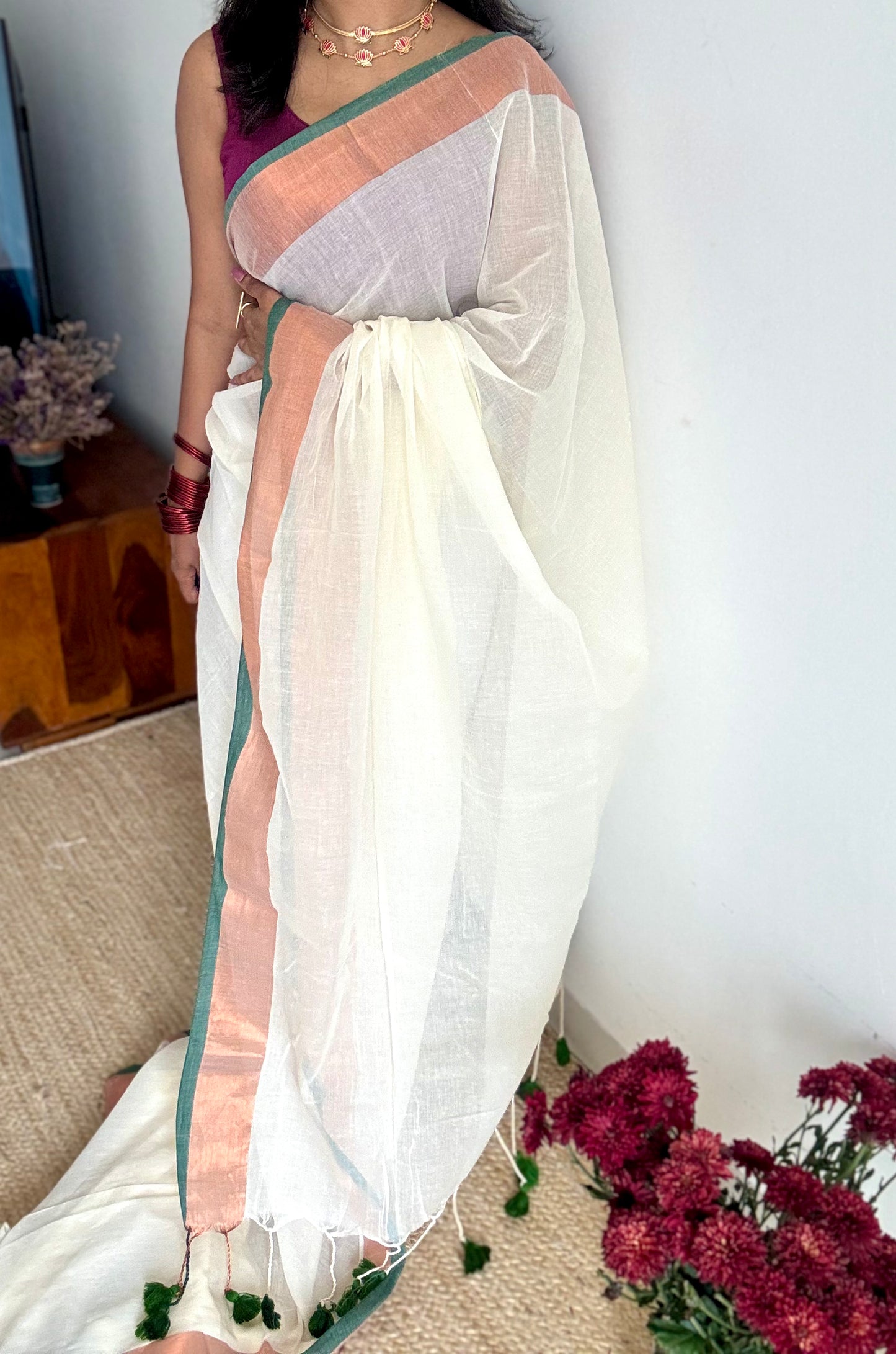 Ivory with green highlighted antique gold zari border, mul cotton - YCON25BCM26