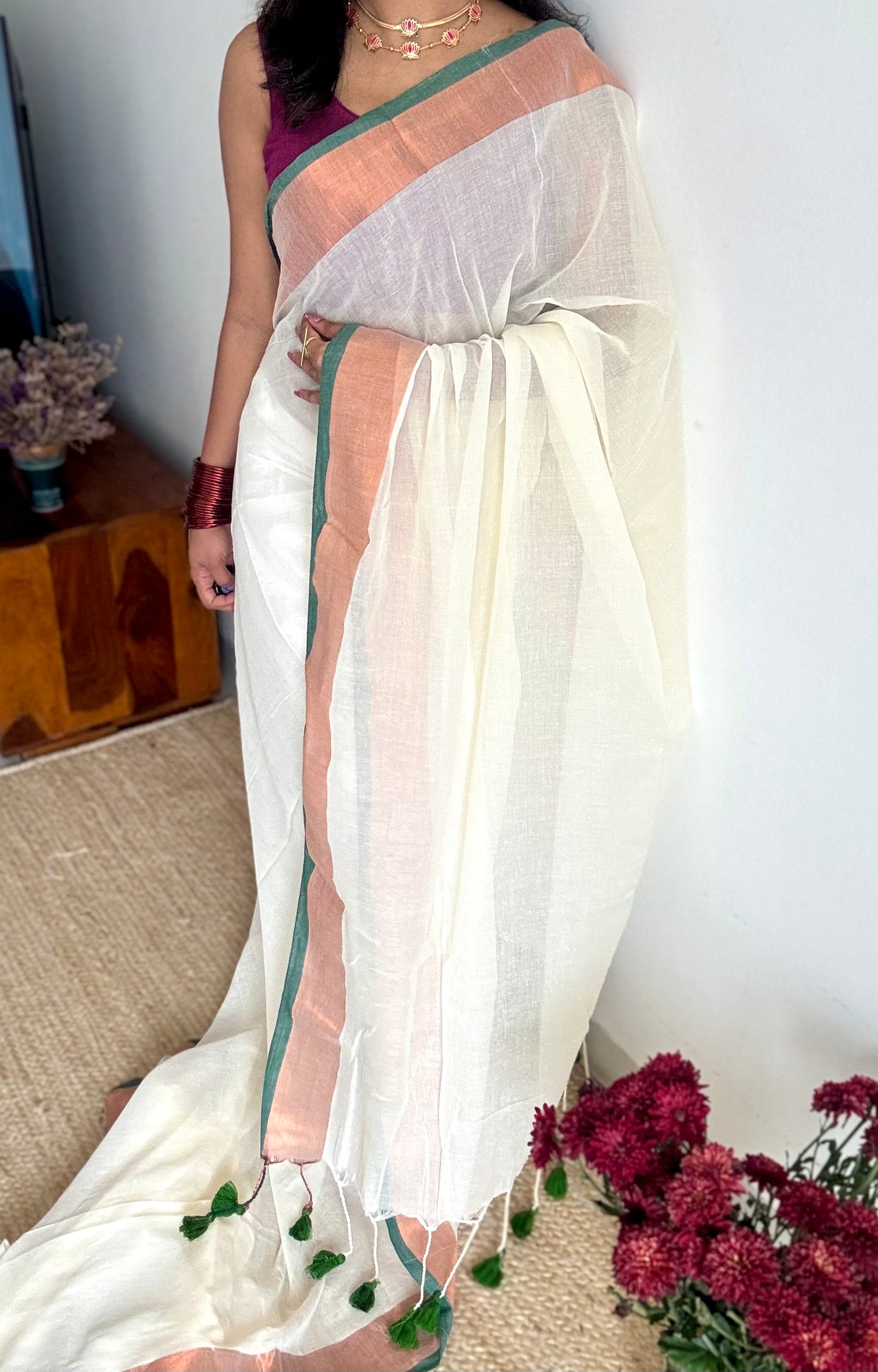Ivory with green highlighted antique gold zari border, mul cotton - YCON25BCM26