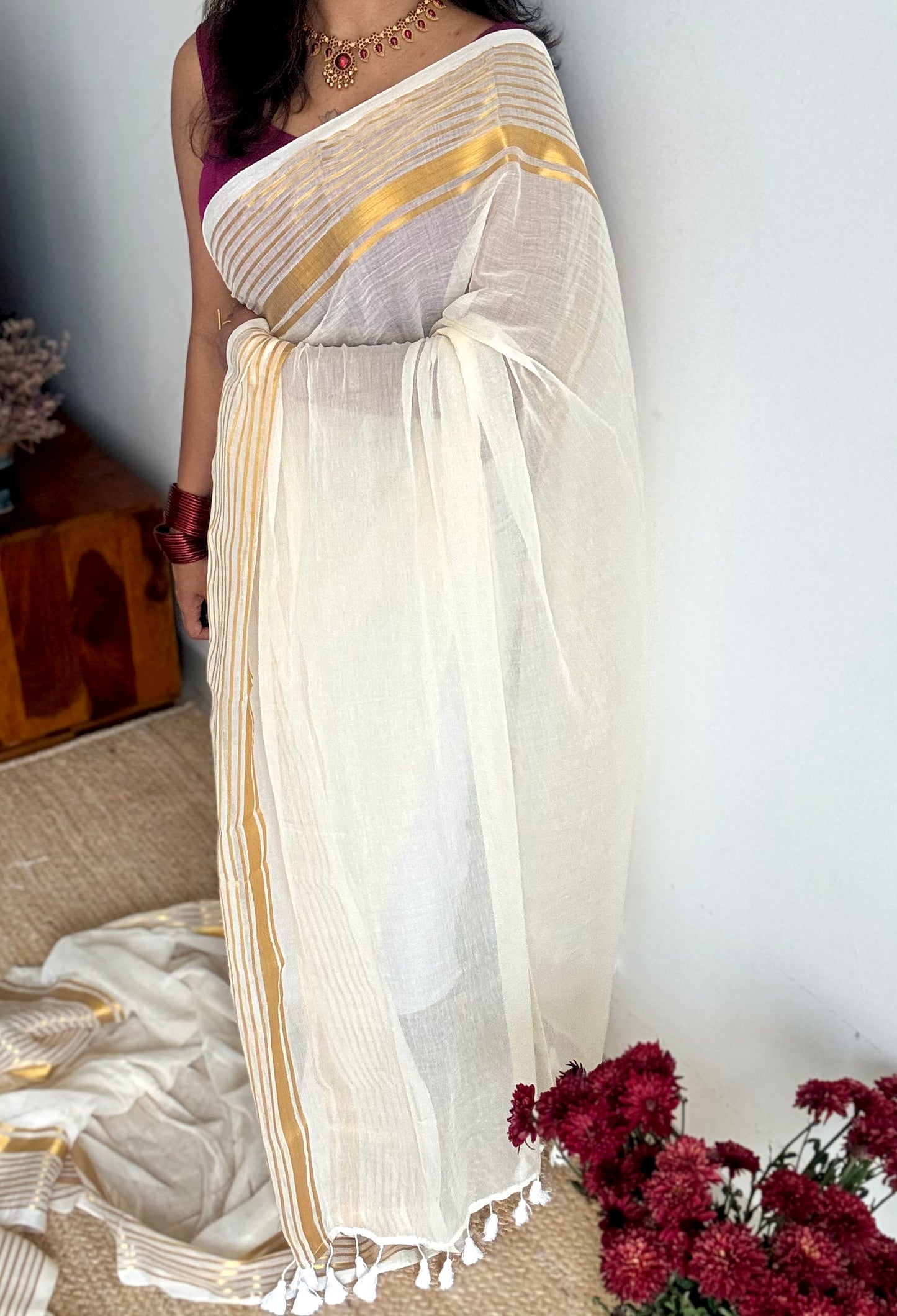 Ivory with gold striped border, mul cotton - YCON25BCM34